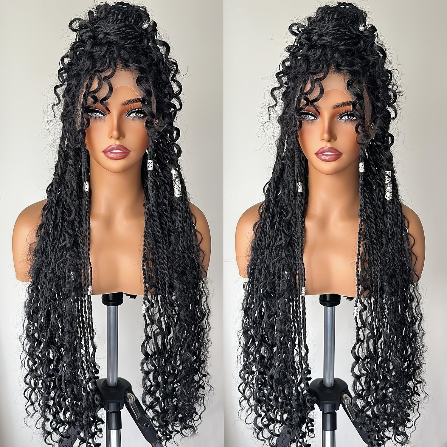 Full Lace Original Braids Wigs, Non-Grafted Knotless Box Braided Wig with Boho Curls Handmade Braids Detachable, Reused, Real like Born Braids Black Wig for Black Women Bohemian Braids 30 Inch
