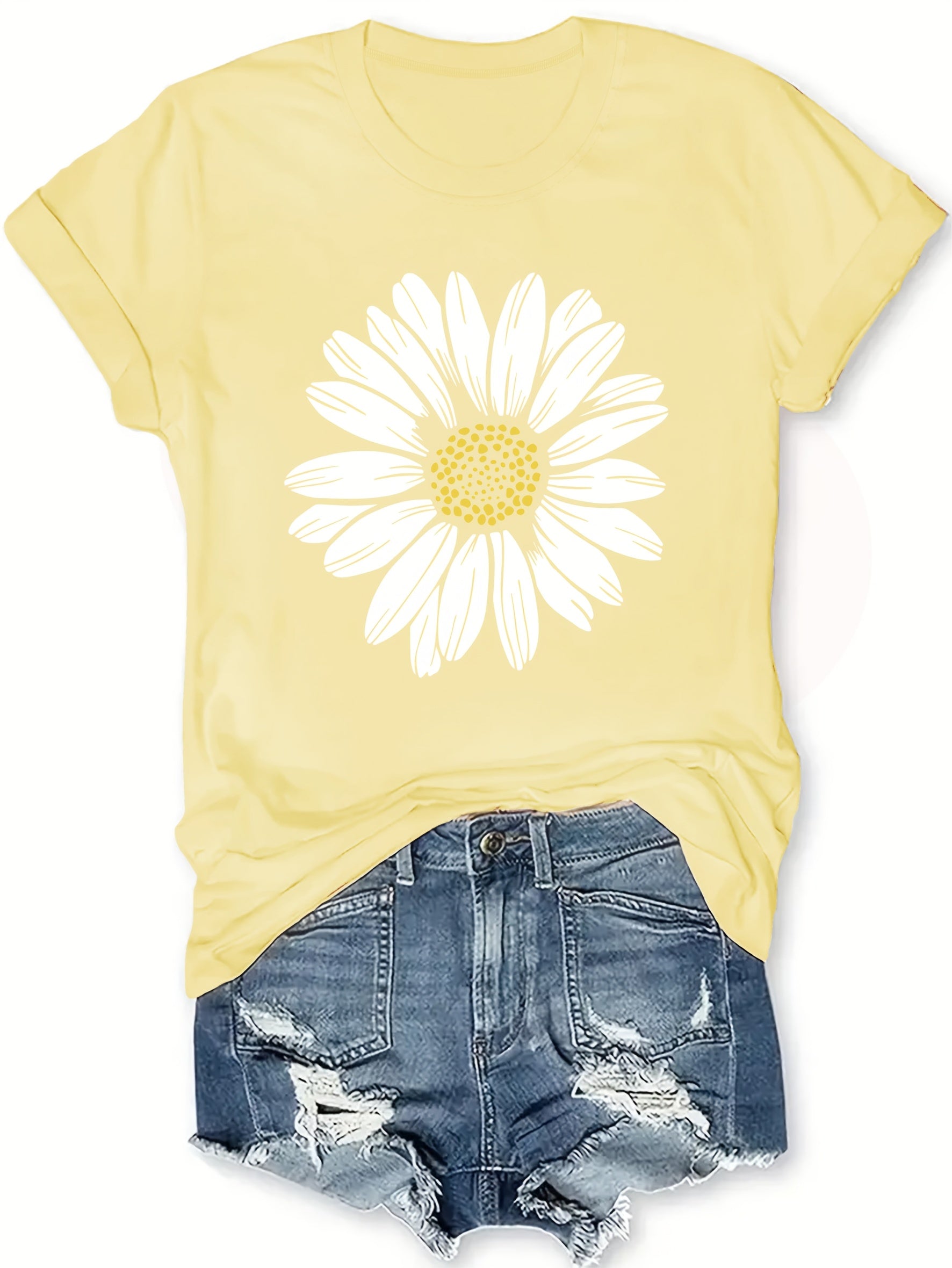 Women's Casual Daisy Flower Print T-Shirt - Soft Polyester Crew Neck Tee, Black with White Daisy Design, Short Sleeve, Perfect for Summer Outfits, Ladies T Shirts
