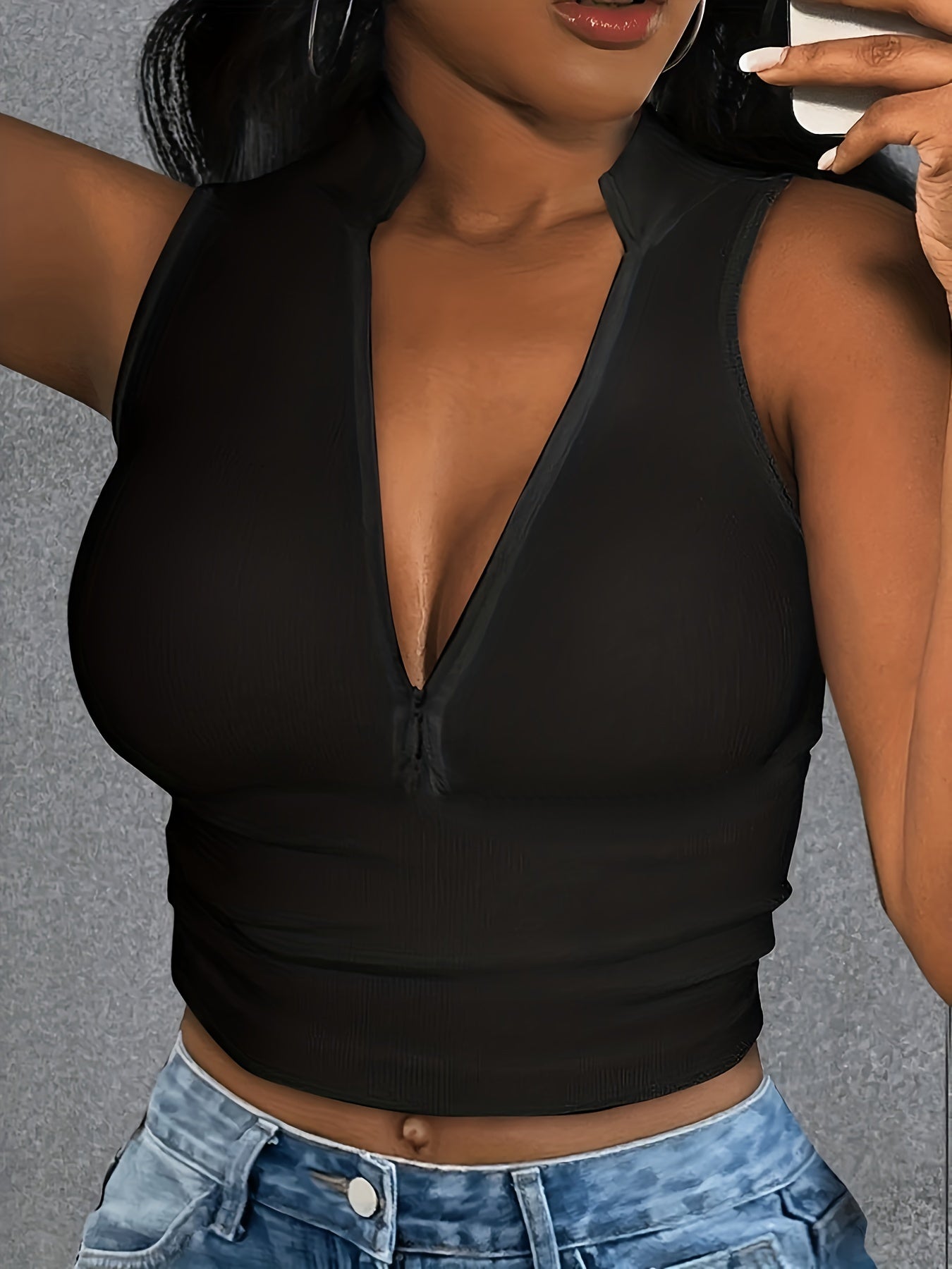 Women'S Sexy Ribbed Knit Tank Top, Solid Color Polyester 100% Vest with Zipper Detail, Crew Neck, Lightweight 250g/m² Knit Fabric, Spring/Summer/Fall Fashion