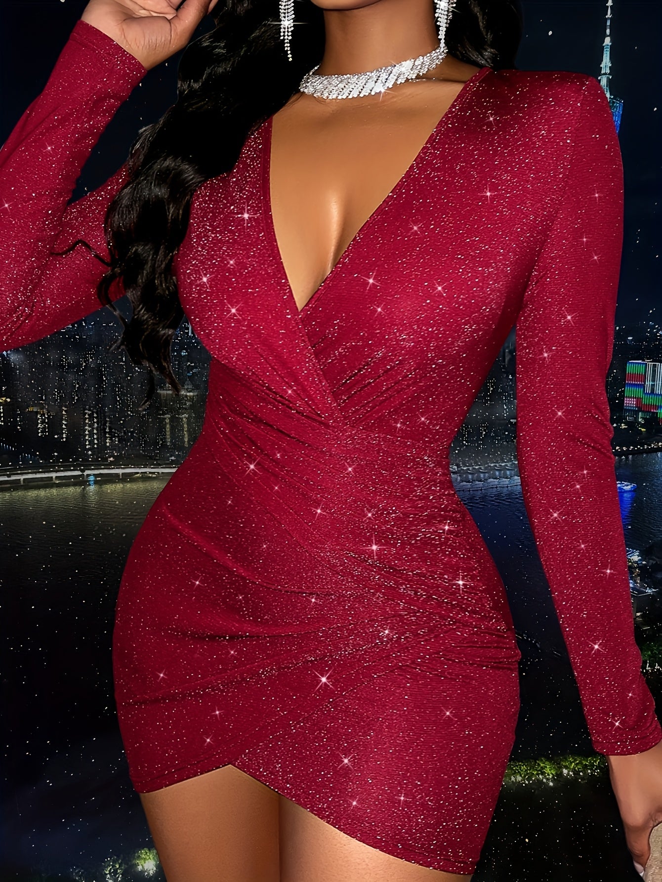Sexy Hollowed-out Collar Pleated Glitter Detail Mini Dress for Women Suitable for Dates and Parties