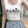 Chic "PARIS" Heart Print Women'S Crop Top - Sexy Sleeveless Scoop Neck Tank in White with Black Lettering, Polyester, All-Season Casual Wear, Casual Wear Tank Top | Trendy Women'S Top | Glossy Textur