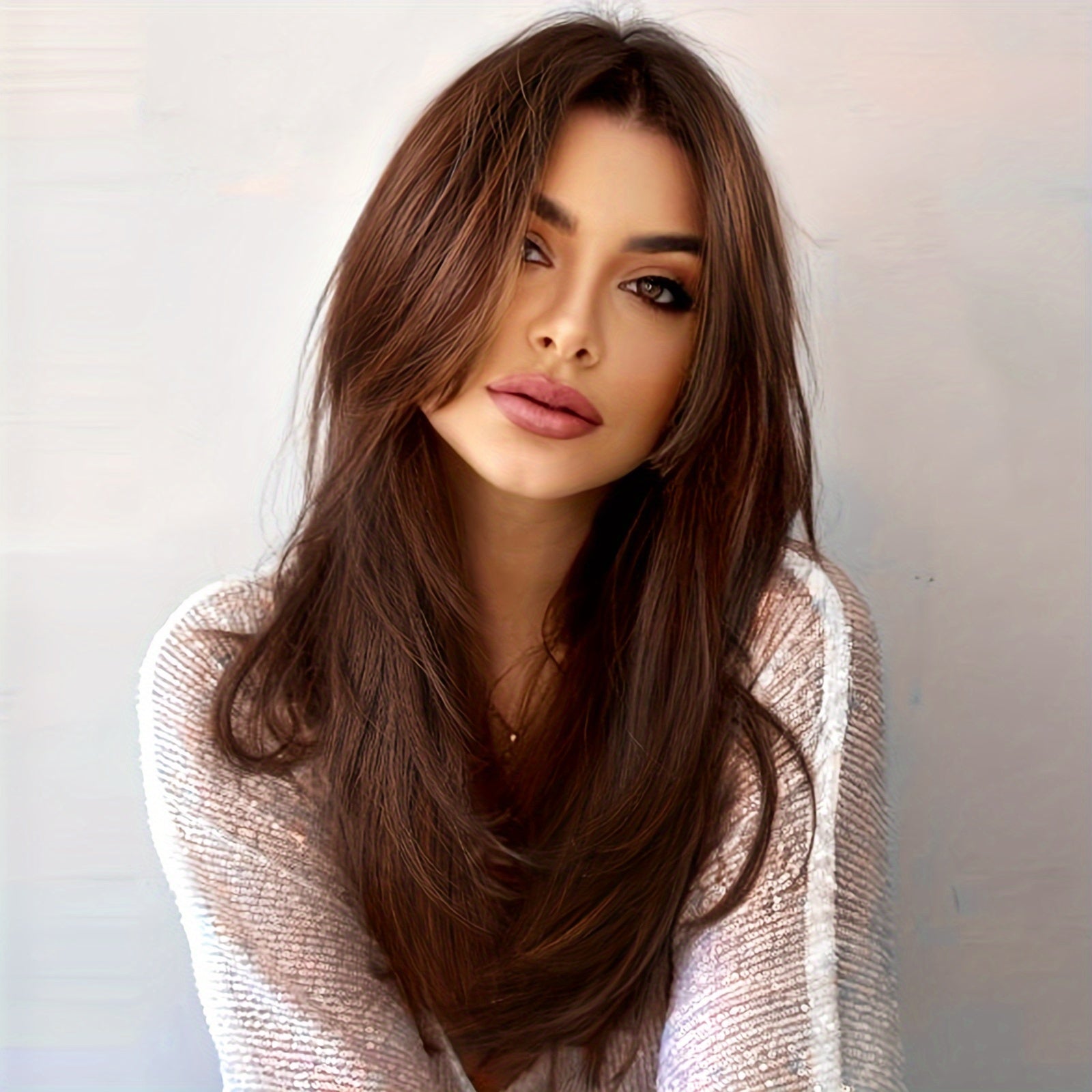 Glueless Synthetic Wigs For Women, Natural Straight Layered Wigs With Bangs, Copper Red Wigs, Brown Wigs, 20 Inches Shoulder Length