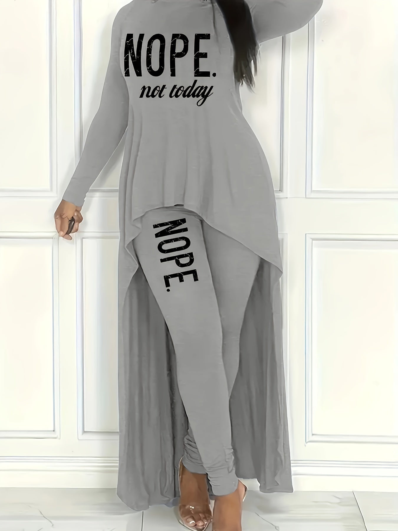 Chic Nope Casual Two-piece Outfit Set - Fashionable Letter Print Top with Trendy Dipped Hem & Slim-fit Pants - Comfortable Long Sleeve Womens Clothing for Stylish Everyday Wear