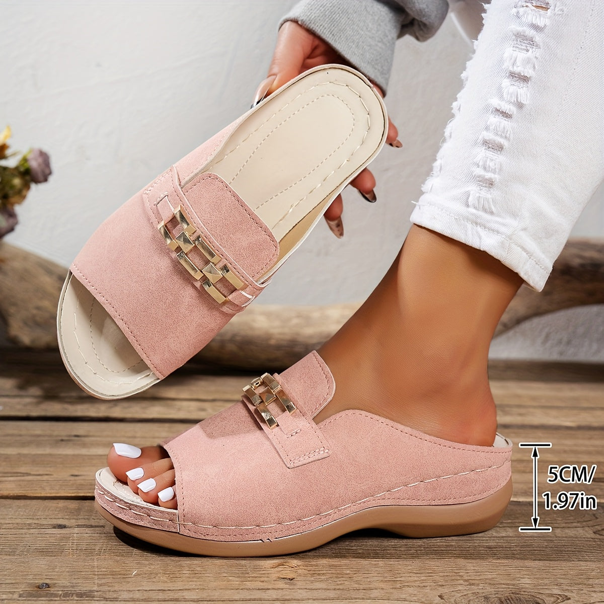 Women'S Chunky Sole Platform Sandals - White Slip-On with Golden Buckle, Flat Heel, Open Toe Design, PU Sole, Synthetic Insole & Upper, Casual Footwear|Chunky Sole Sandals|Durable Footwear