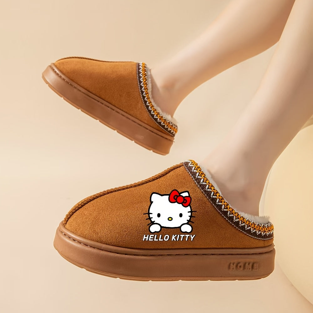 Sanrio Hello Kitty Plush Lined Slippers for Women - Cozy Thermal Winter Home Shoes with Thick Non-Slip EVA Sole, Brown Cover Upper with Decorative Stitching, Hand Wash or Dry Clean, House Slippers