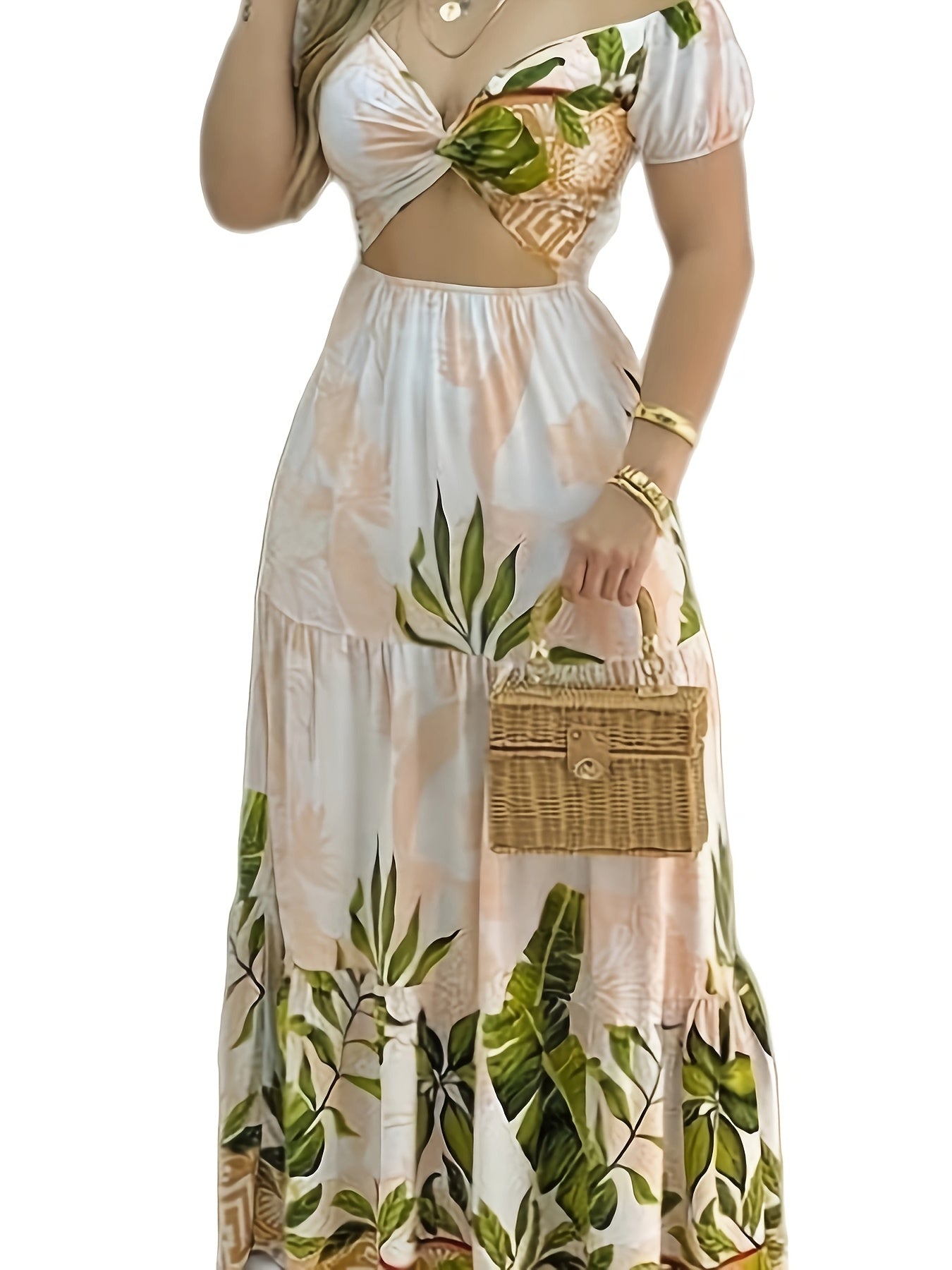 [Summer Print Dress] Summer V-Neck Print Maxi Dress for Women - Aline Silhouette, Ruffled Detail, Woven Construction, Cute Summer Dresses