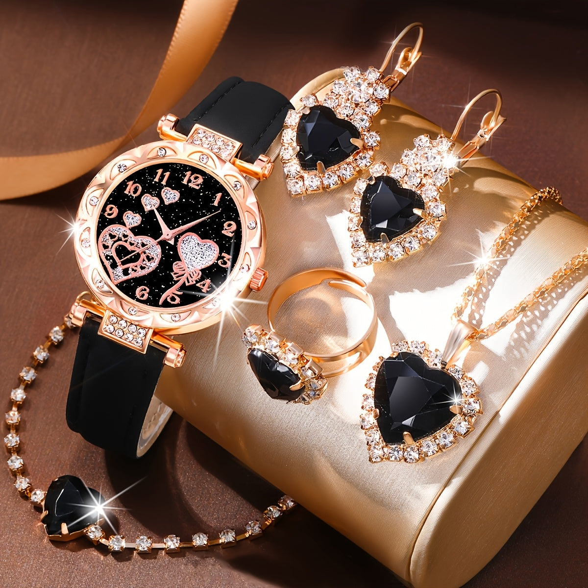6pcs/Set SOKI Women'S Watch, Glamorous Round Digital Quartz Faux Leather Strap Alloy Case Heart Pendant Necklaces, Earrings, Rings, Bracelets Accessories with Non-rechargeable Button Battery (Diameter＜20mm) for Women's, Mot