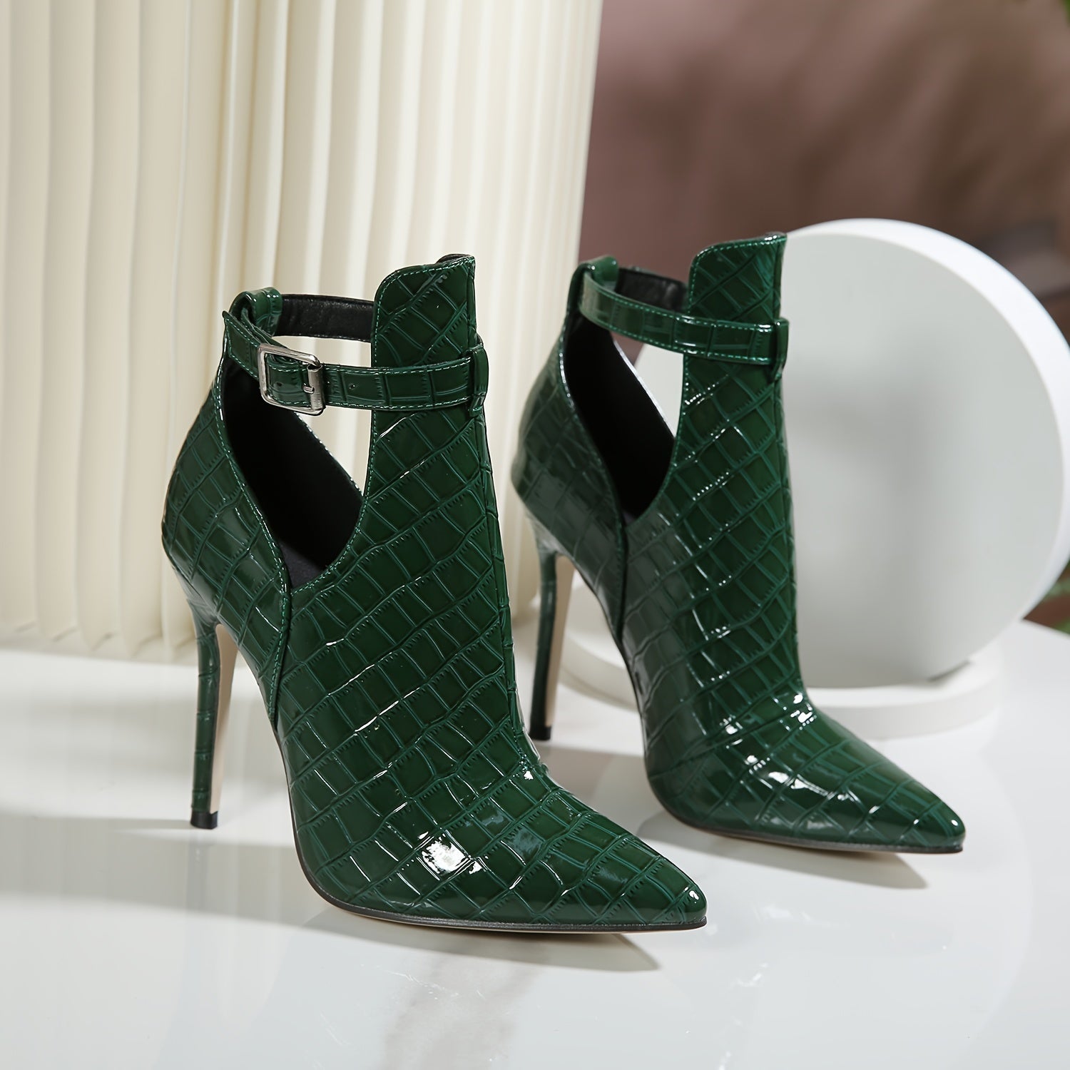 Women'S Fashion Ankle Boots, Green Crocodile Pattern, Stiletto Heel, Belt Buckle Detail, Pointed Toe, Synthetic, Non-Washable, All-Season, Rubber Sole, Fabric Insole