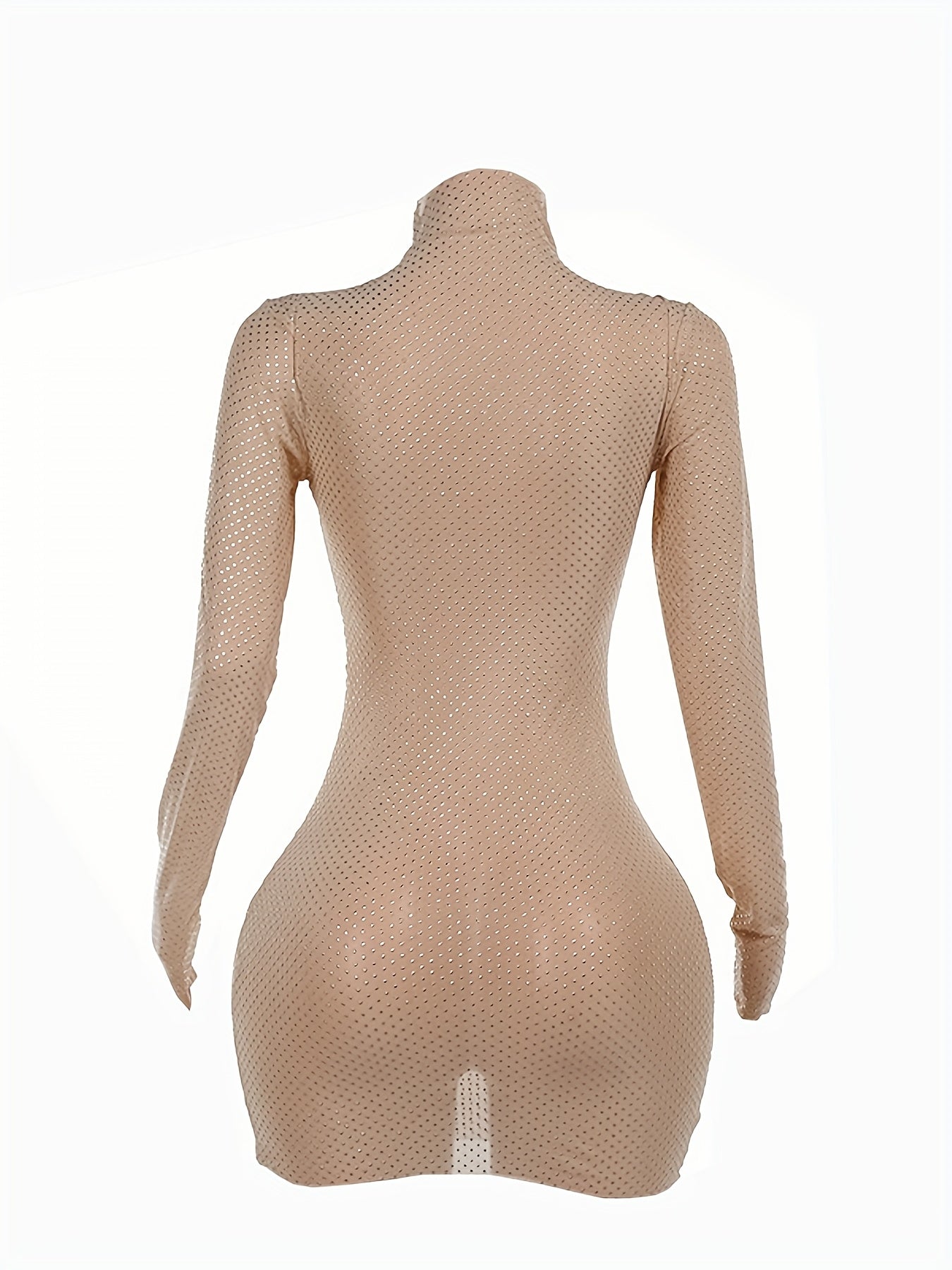 Chic JFL217 Sheer Mesh Bodycon Dress for Women - Sexy Long Sleeve, High Neck, Micro Elastic Fabric, Fashionable Slim Fit Mini Skirt with Sequin Detail - Perfect for Spring/Summer/Fall Events