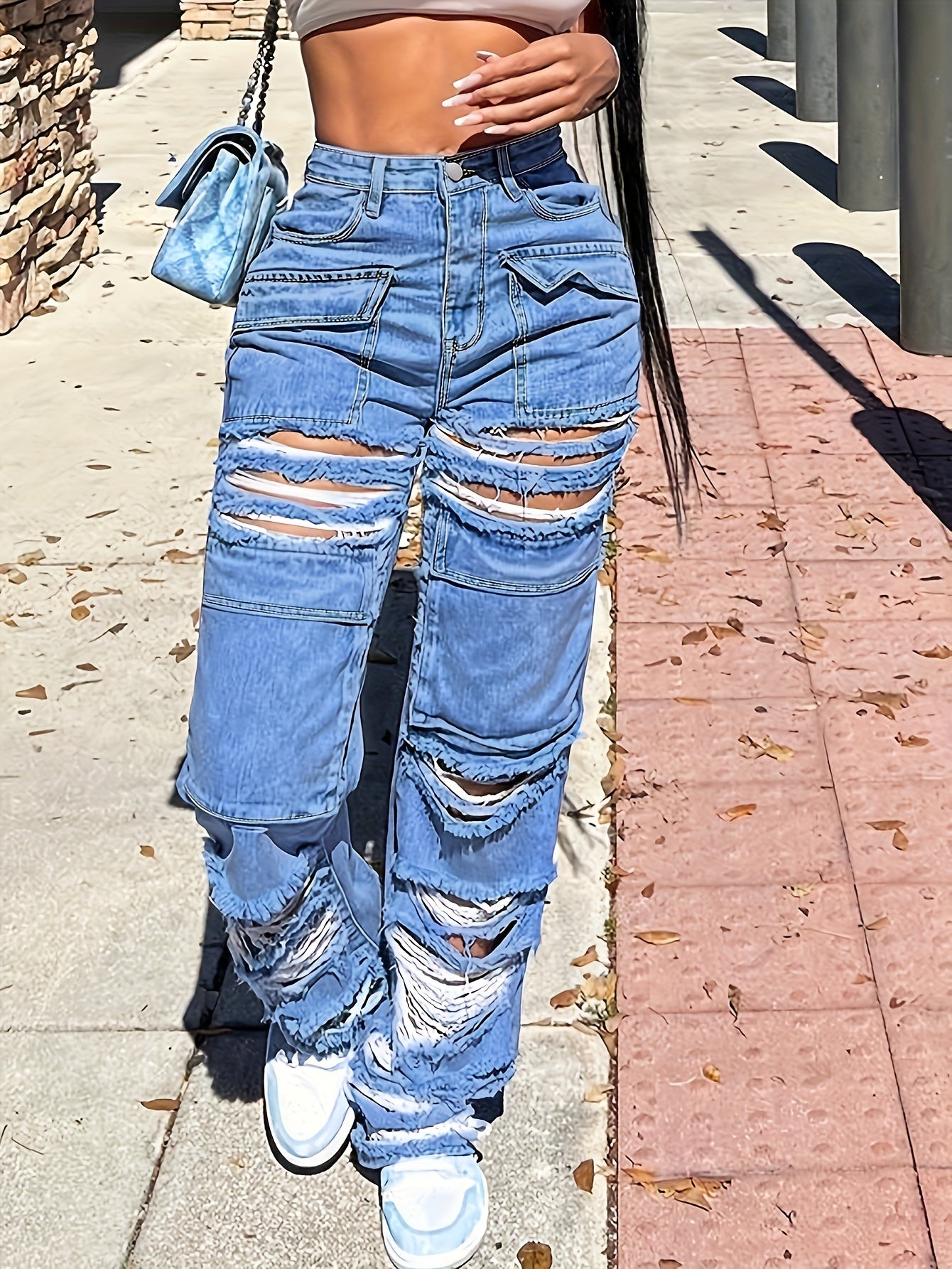 High Waisted Imitation Old Cut Hole Straight Leg Pants, Long Jeans, Loose Wide Leg Slanted Pockets And Button Closure, Multifunctional Women's Work Pants, Women's Jeans And Clothing