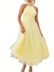 Womens Backless Long Dress Adjustable Tie Halter Neck Tulle High Waist Solid Party Wedding Dress