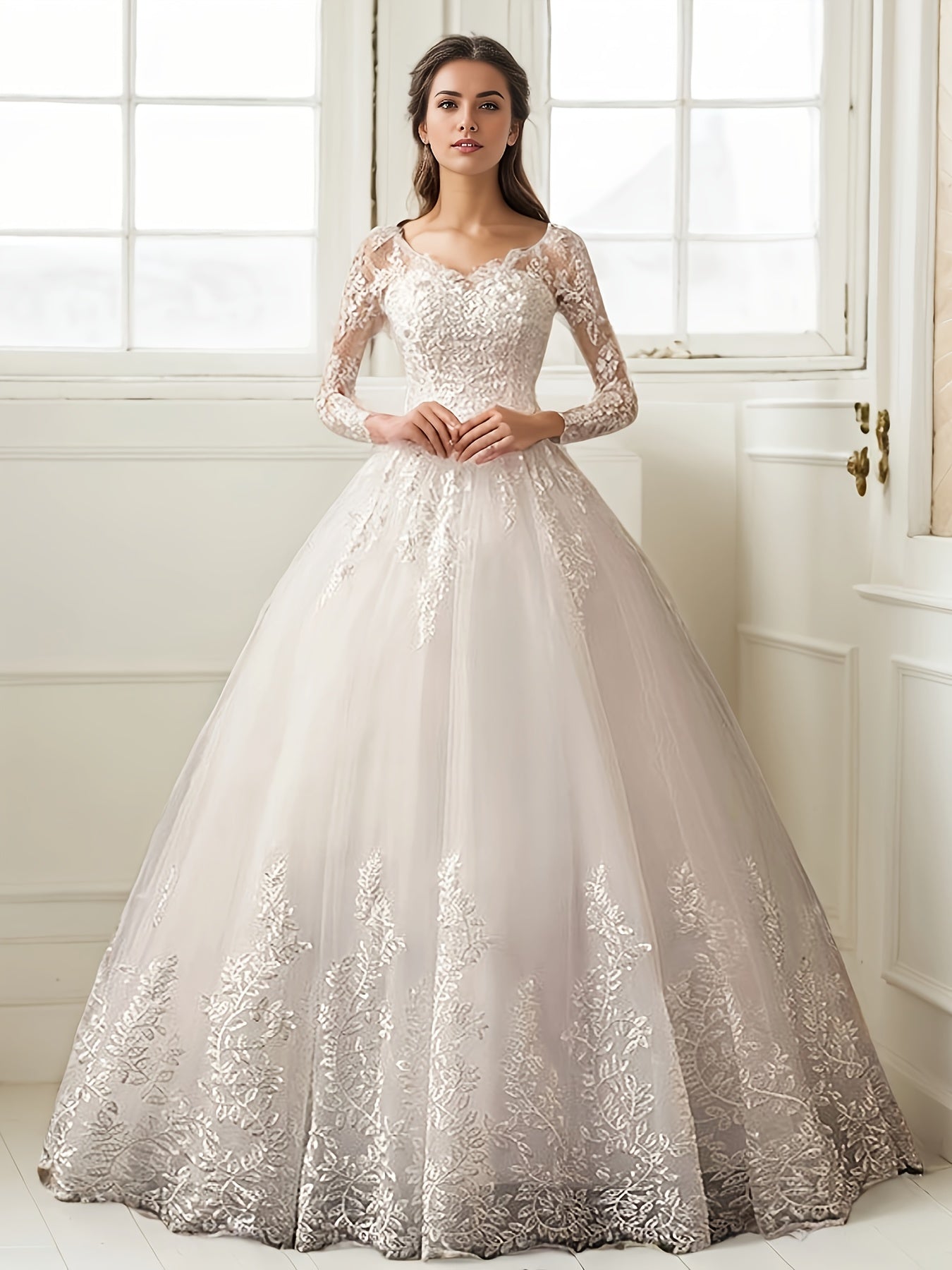 Elegant Off-Shoulder A-Line Wedding Dress with Lace Embroidery, Long Sleeve Floor-Length Bridal Gown for Women, Perfect for Weddings and Formal Events, Party Attire | Offshoulder Design | Glossy Texture