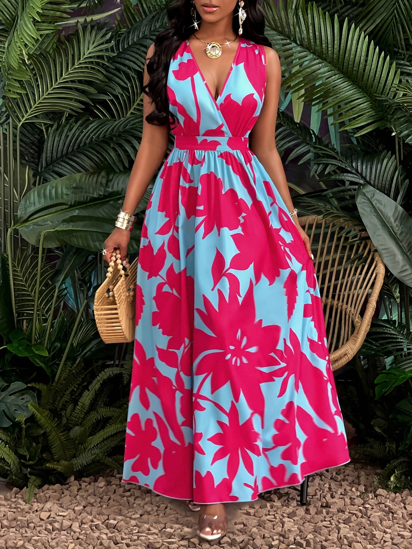 Women's Tropical Print V-Neck Flared Maxi Dress with Cinched Waist - Vibrant Red & Blue Floral Design, A-Line Silhouette, Polyester Fabric, Perfect for Vacation or Casual Outings, Vacation Wear|Flowing Skirt Style|Smooth Glos
