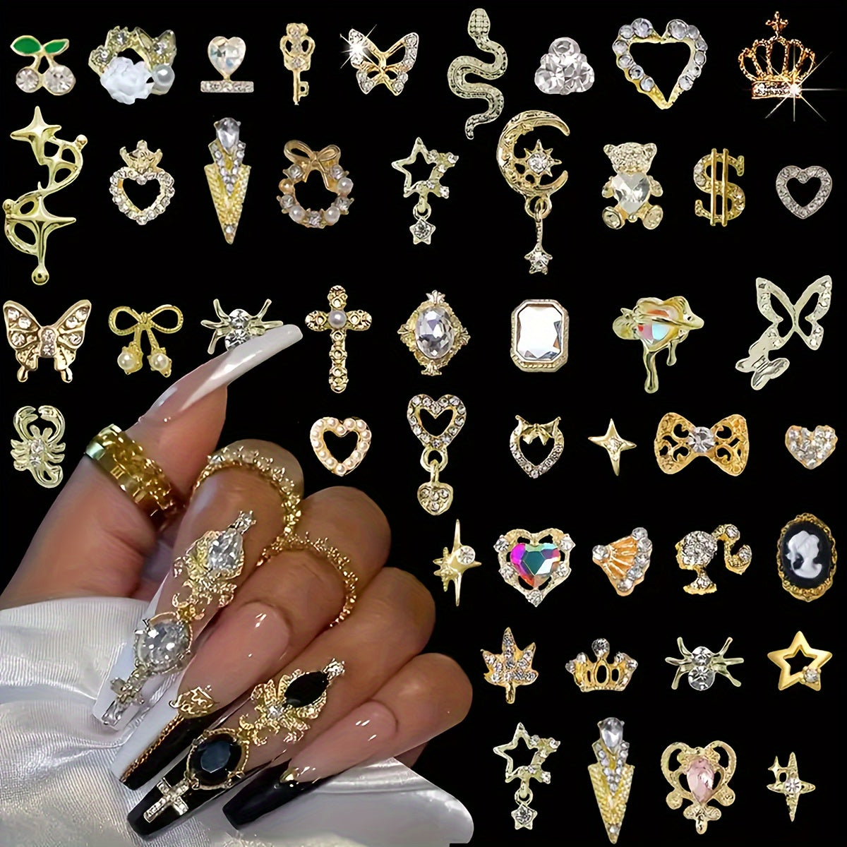 30pcs Luxury Alloy Nail Charms Golden/Silvery Random Mixed Nail Art Decorations Glitter Crystal Gems Rhinestones Alloy Nail Charms