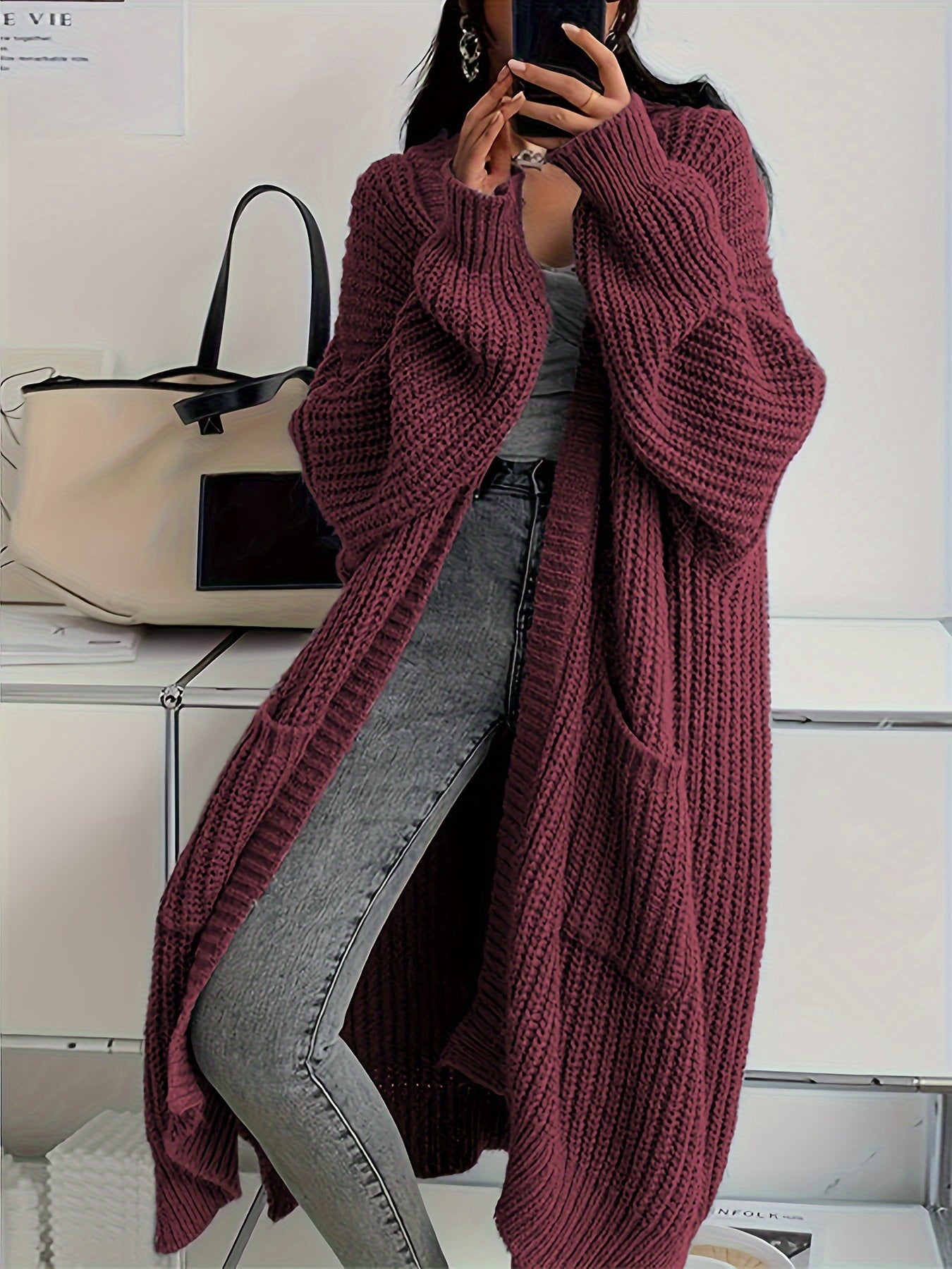 Cardigan sweater - Patched Pockets Open Front Cardigan - Solid, Long Sleeve, Knitted - Fall & Winter - Women - Cozy & Stylish - Cozy Comfort, Effortless Style