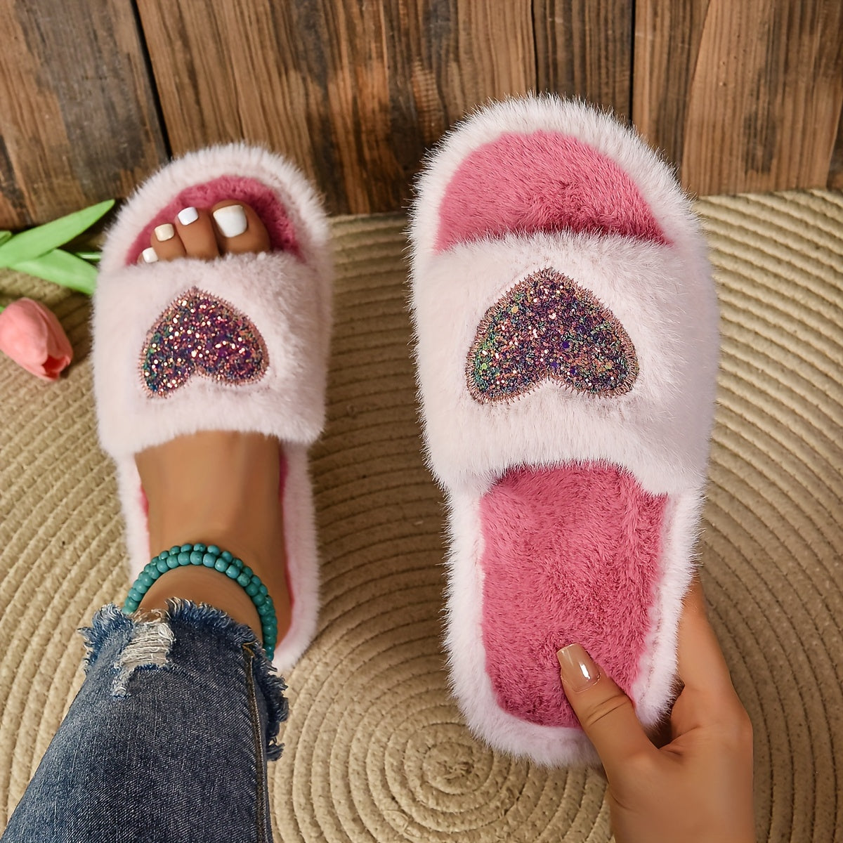 Cozy Heart-Patterned Plush Slippers for Women - Open Toe, Non-Slip Rubber Sole, Warm Indoor Shoes with Fuzzy Trim