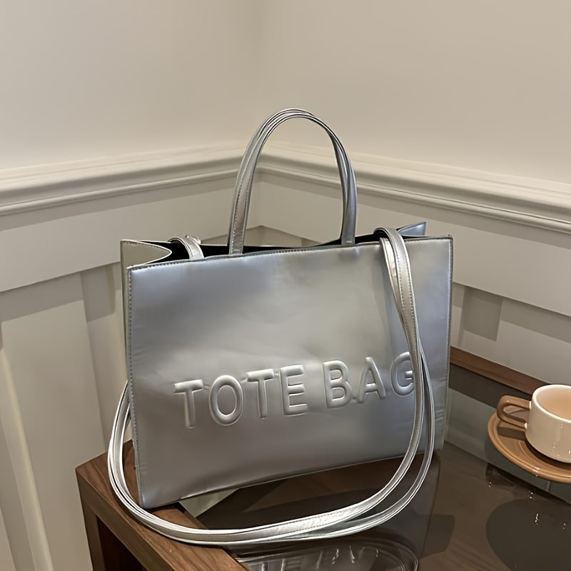 Stylish Black Tote Bag with "TOTE BAG" Embossed Design – Large Capacity Shoulder Handbag for Women, Perfect for Commuting and Casual Outings, Snap Button Closure