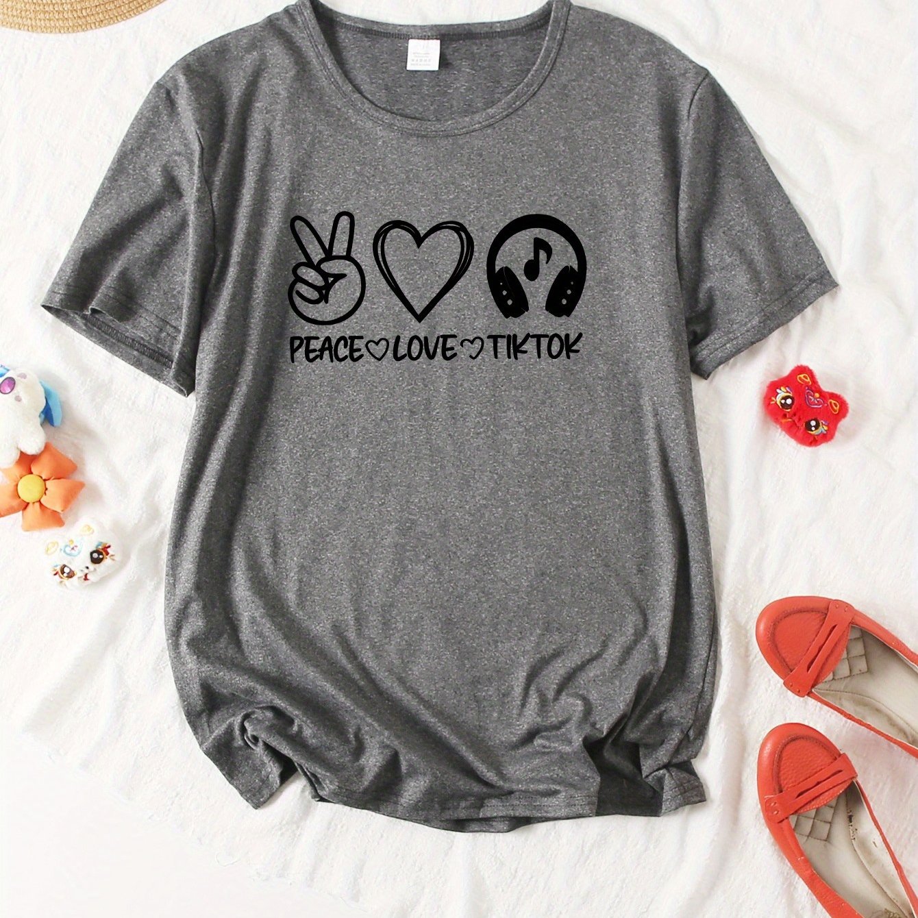 Women'S Casual "Peace Love TikTok" Graphic Tee - Soft, Breathable, Short Sleeve, Round Neck, Y2K Style, Easy Care & Quick Dry - Ideal for Spring & Summer, Everyday Fashion Top, Casual Wear Tee | Playful Print Top | Comfortabl