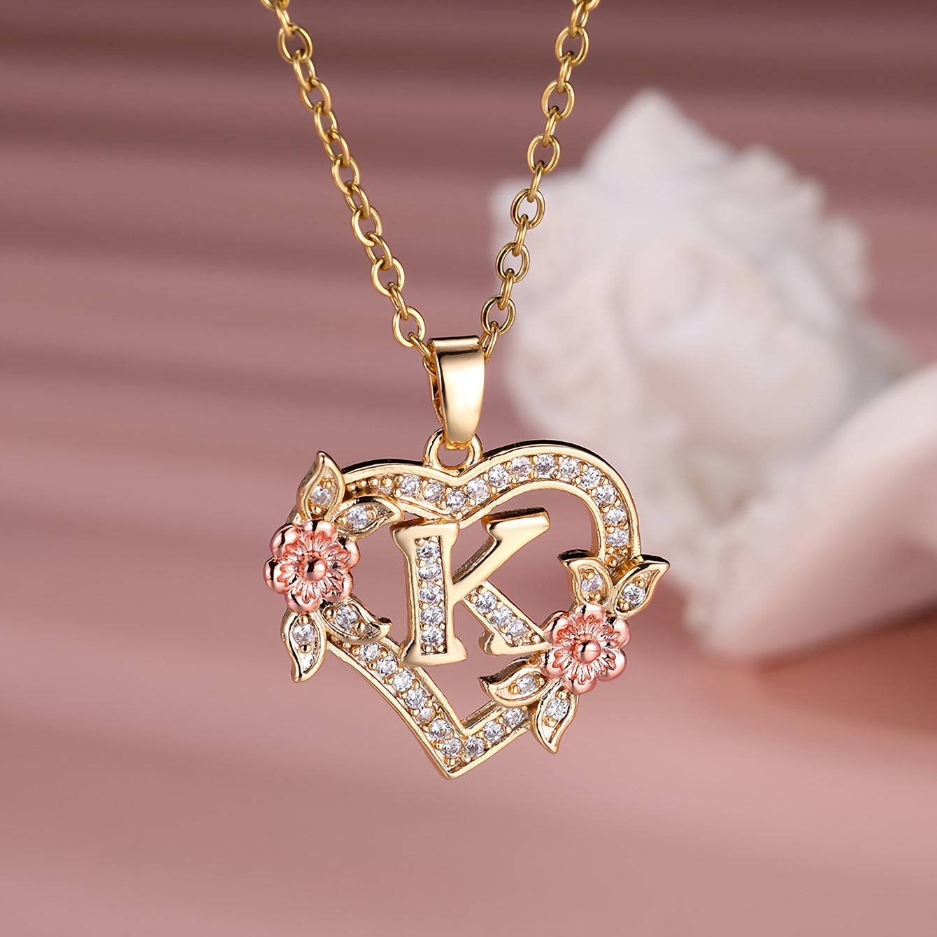 1pc A-Z Letter Love Heart Necklace Elegant zirconia Rose Golden Necklace Valentine'S Day Gift Trendy Jewelry For Women