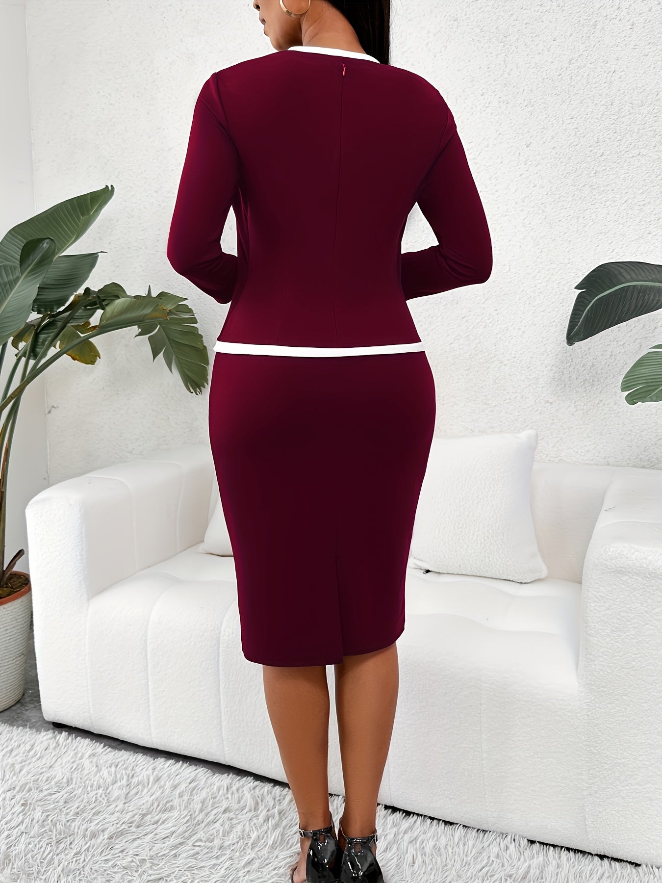 2 In 1 Contrast Trim Dress, Elegant Bodycon Long Sleeve Dress For Office & Work, Women's Clothing