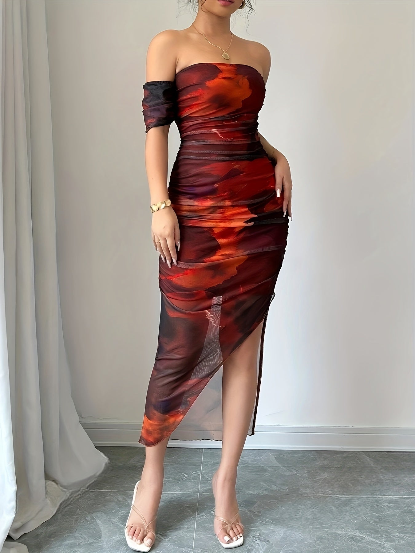 Stretchy Polyester Blend, Ruched Side Slit, Machine Washable, All-Season Bodycon for Women