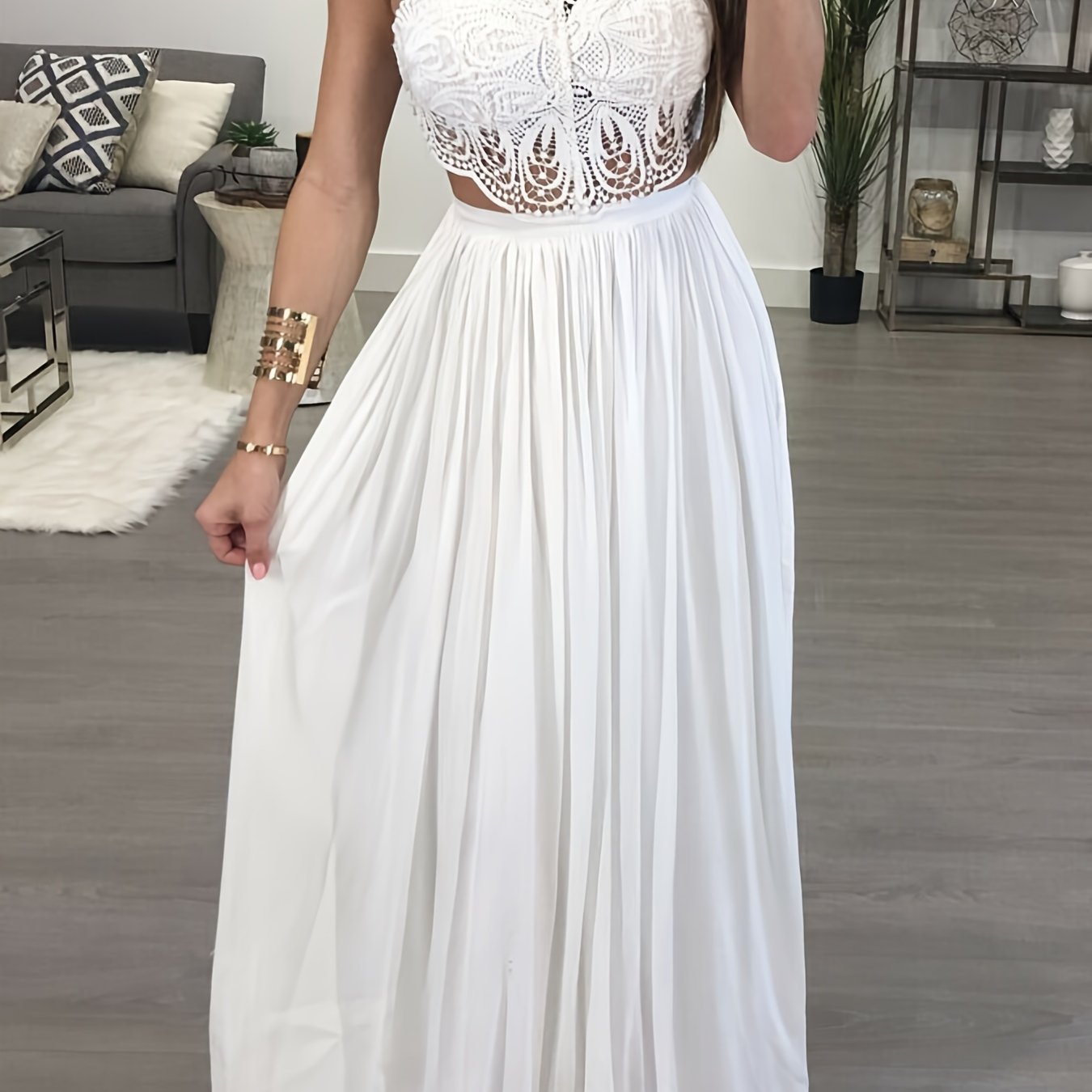 Women's Sexy Off-Shoulder Crochet Lace Halter Neck Dress - High Waist Pleated Maxi Evening Gown for Weddings, Parties & Formal Events