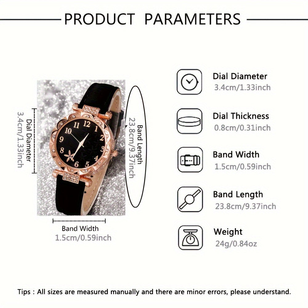 6pcs Elegant Ladies' Fashion Watch and Bracelet Set, Round Quartz Movement, PU Leather Strap, Zinc Alloy Case, Non-Rechargeable Battery - Perfect for Daily Wear, Parties, and Gifts for Special Occasions