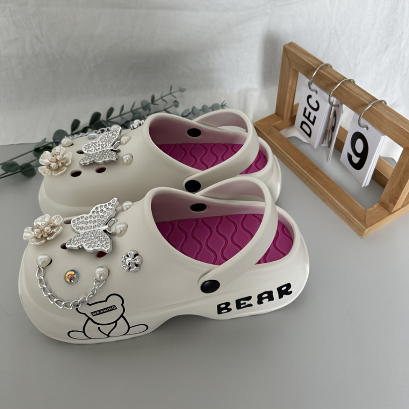 [Women's Cartoon Bear Mules Clogs] Casual Cartoon Bear Pattern Mules & Clogs for Women, Breathable EVA Platform Heel Clogs with Bow Embellishment, Versatile Indoor/Outdoor Fashion Footwear - Quanzhou Manufactured