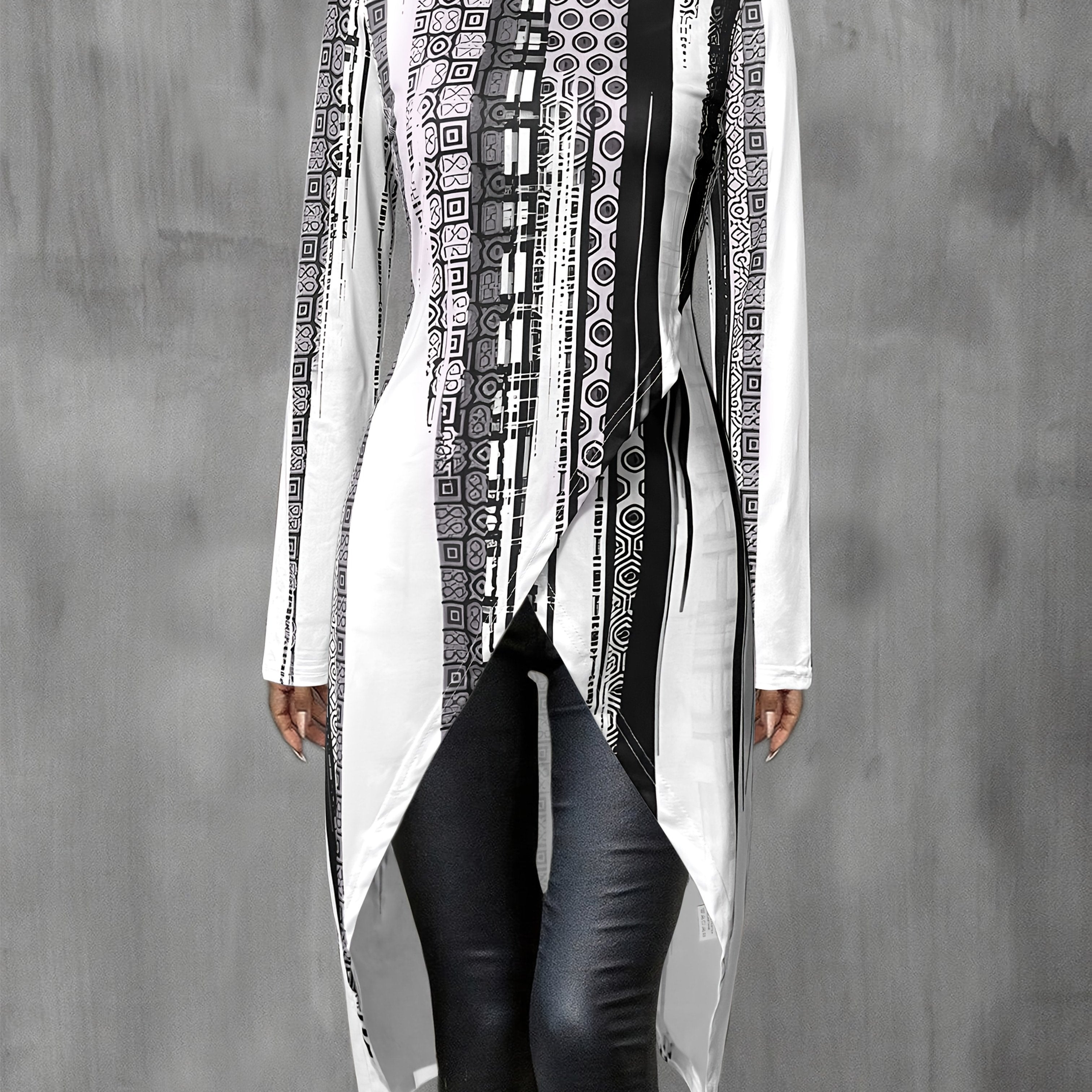 Women's Elegant Long Sleeve Top with Geometric and Striped Print - Round Neck, Asymmetrical Hem, Lightweight Polyester Blend for Spring, Fall, and Winter