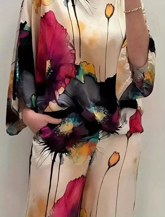 Women'S Casual Floral Printed Two-Piece Suit, Loose Pullover Top with Three Quarter Length Sleeve and Crew Neck, Breathable Polyester Blending, Machine Washable, Drawstring Pants for Spring, Summer, Autumn