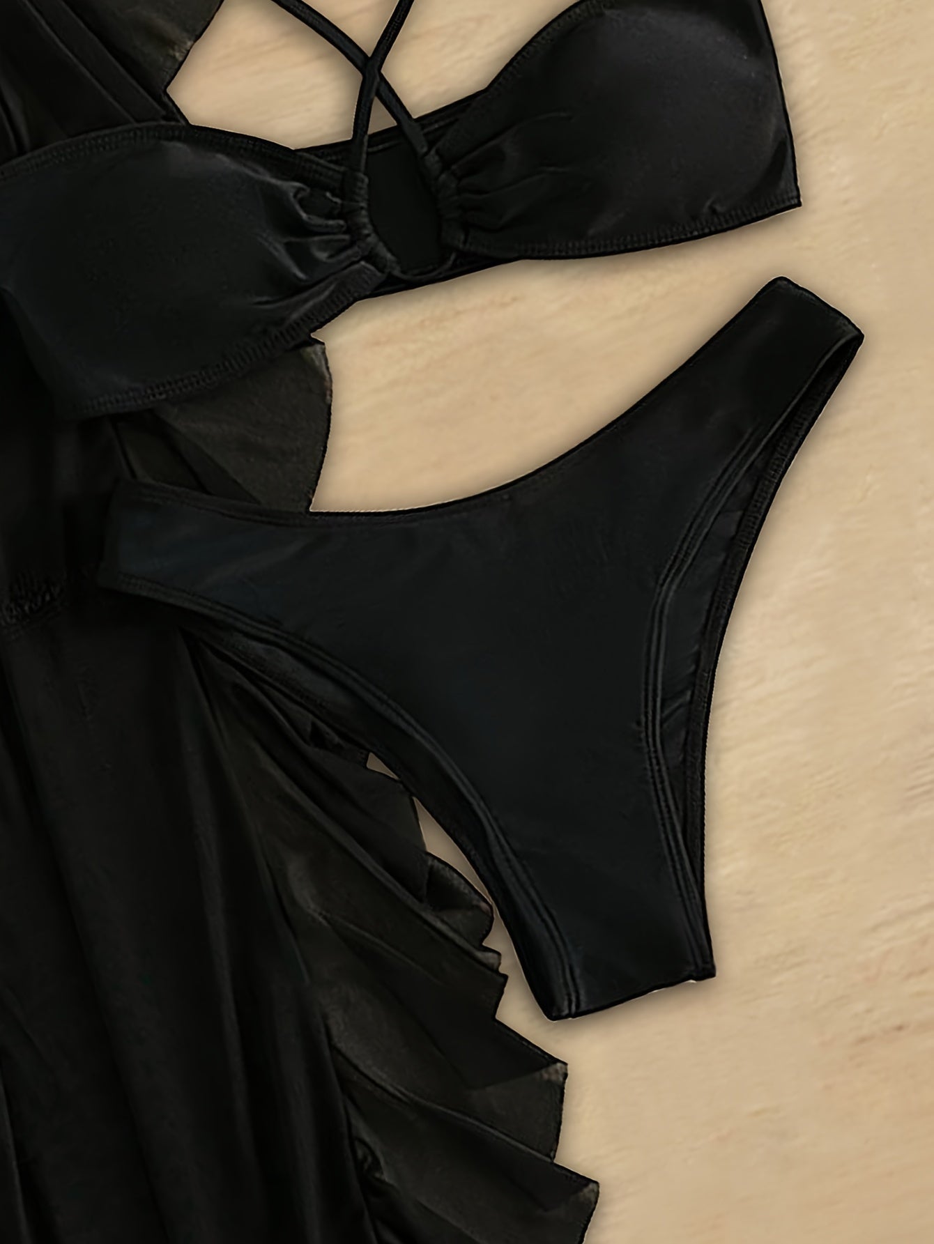 Women's High Stretch Polyamide Rash Guard Set - V-Neck Solid Color Bikini with Sheer Knit Fabric Cover-Up, Three-Piece Swimwear (80% Polyamide, 20% Elastane)