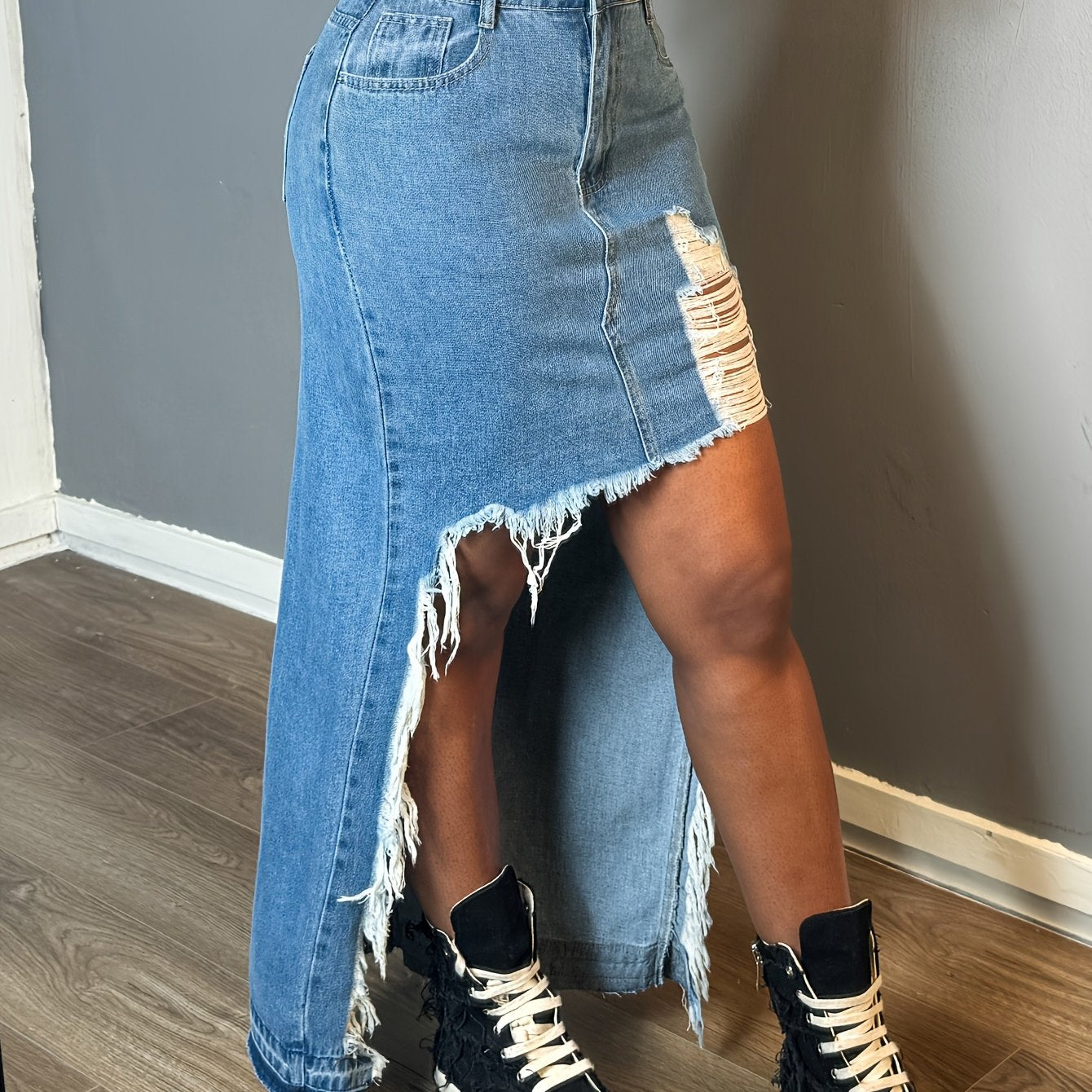 Women's Casual High-Waist Denim Skirt with Front Ripped Holes And Fringed Hem, Mid-Length