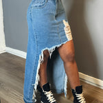 Women's Casual High-Waist Denim Skirt with Front Ripped Holes And Fringed Hem, Mid-Length