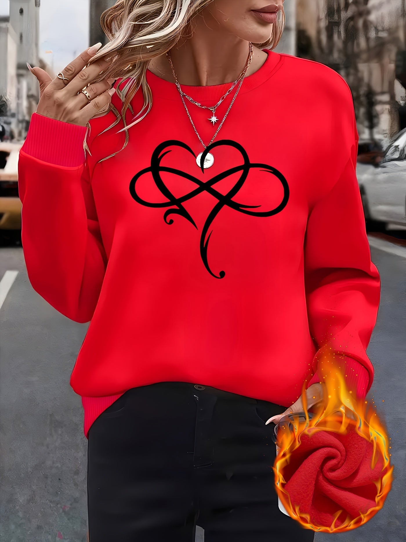 Elegant Crew Neck Sweatshirt for Women with Creative Heart Design - 100% Polyester Knit Fabric, Long Sleeve Pullover for All Seasons