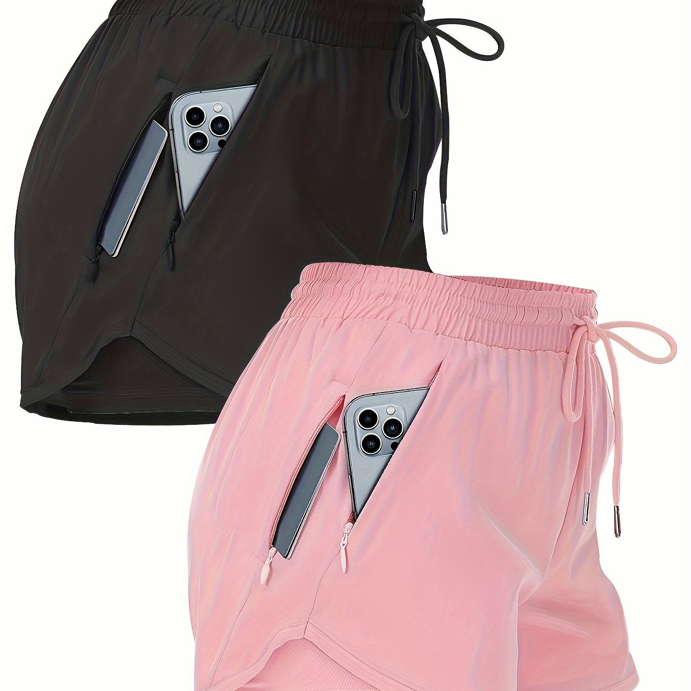 2pcs Pocketed Workout Shorts, Causal Sports Athletic Gym Running Shorts for Women
