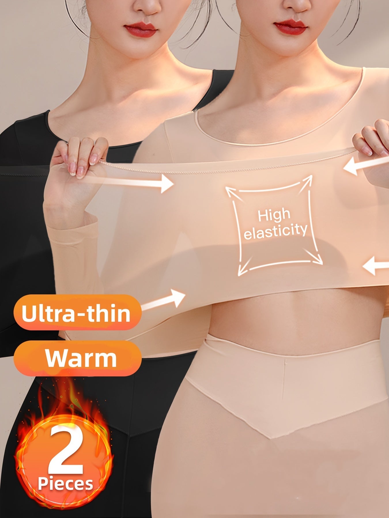 Set of 2 High-Elastic Ultra-Thin Base Layer Tops, Lightweight And Form-Fitting, Warm for Autumn And Winter, Long-Sleeve Women'S Thermal Underwear.
