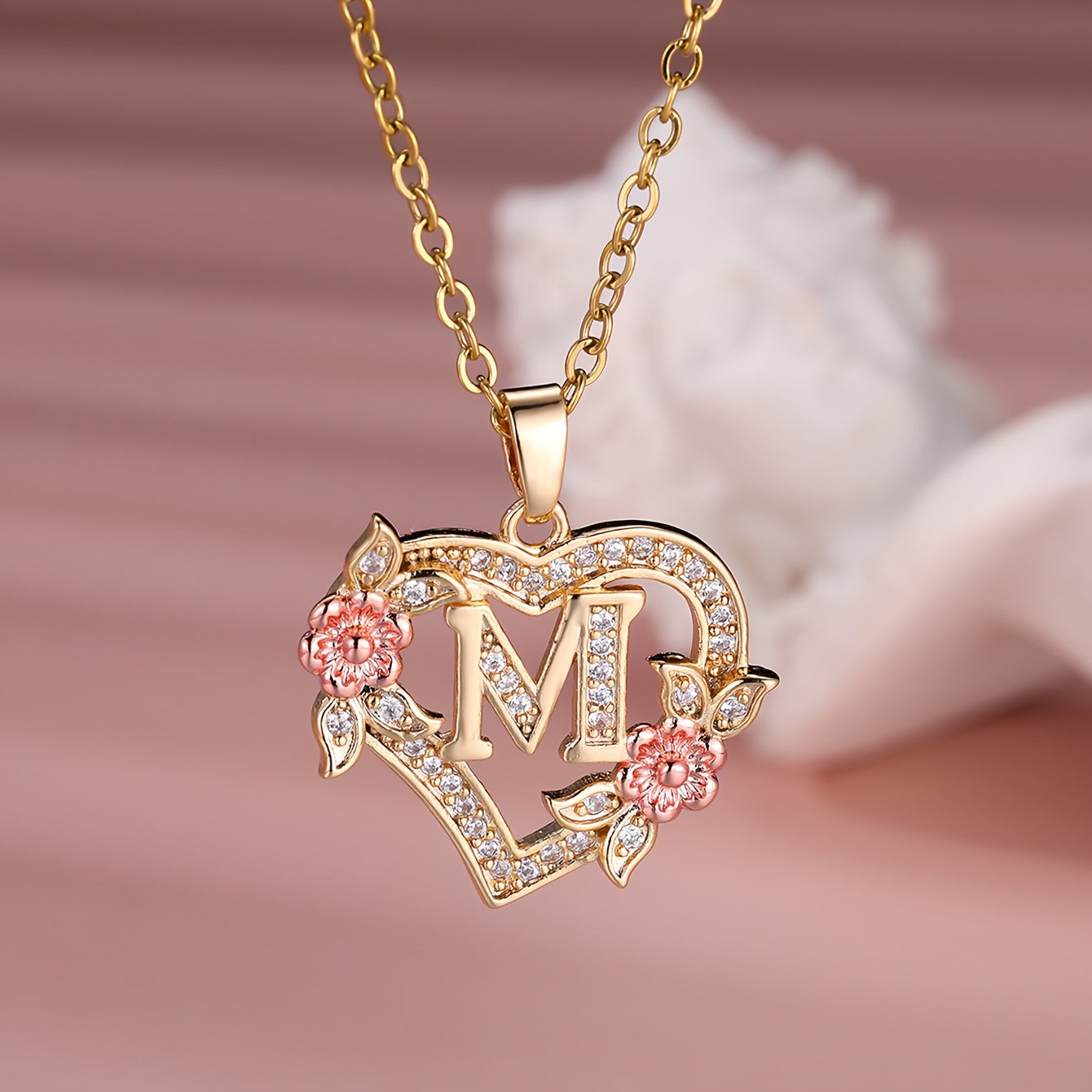 1pc A-Z Letter Love Heart Necklace Elegant zirconia Rose Golden Necklace Valentine'S Day Gift Trendy Jewelry For Women