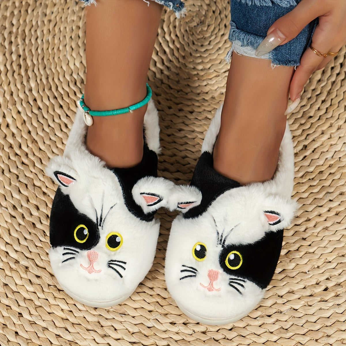 Cute Cartoon Cat Design Slippers, Casual Slip On Plush Lined Shoes, Comfortable Indoor Home Slippers