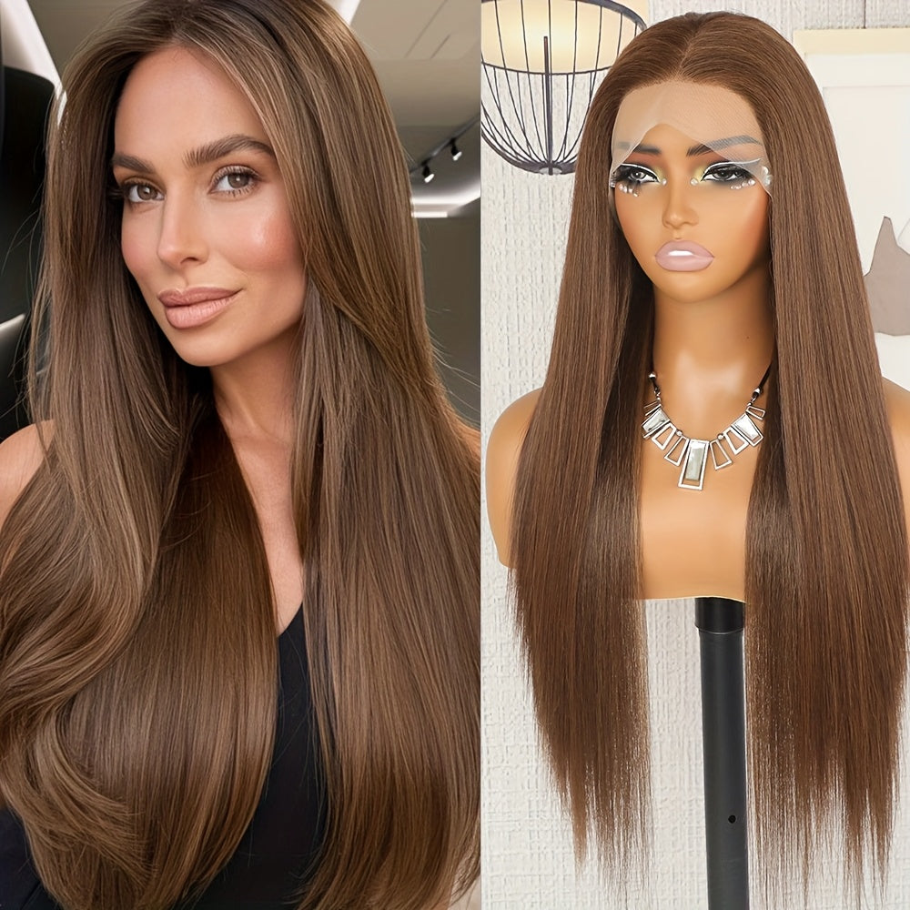 Brown Piano Highlights Straight Lace Front Wig 13x4 HD Transparent Lace Glueless Free Part Long Straight Hair Wigs For Women Heat Resistant Synthetic Fiber Daily Cosplay Wig