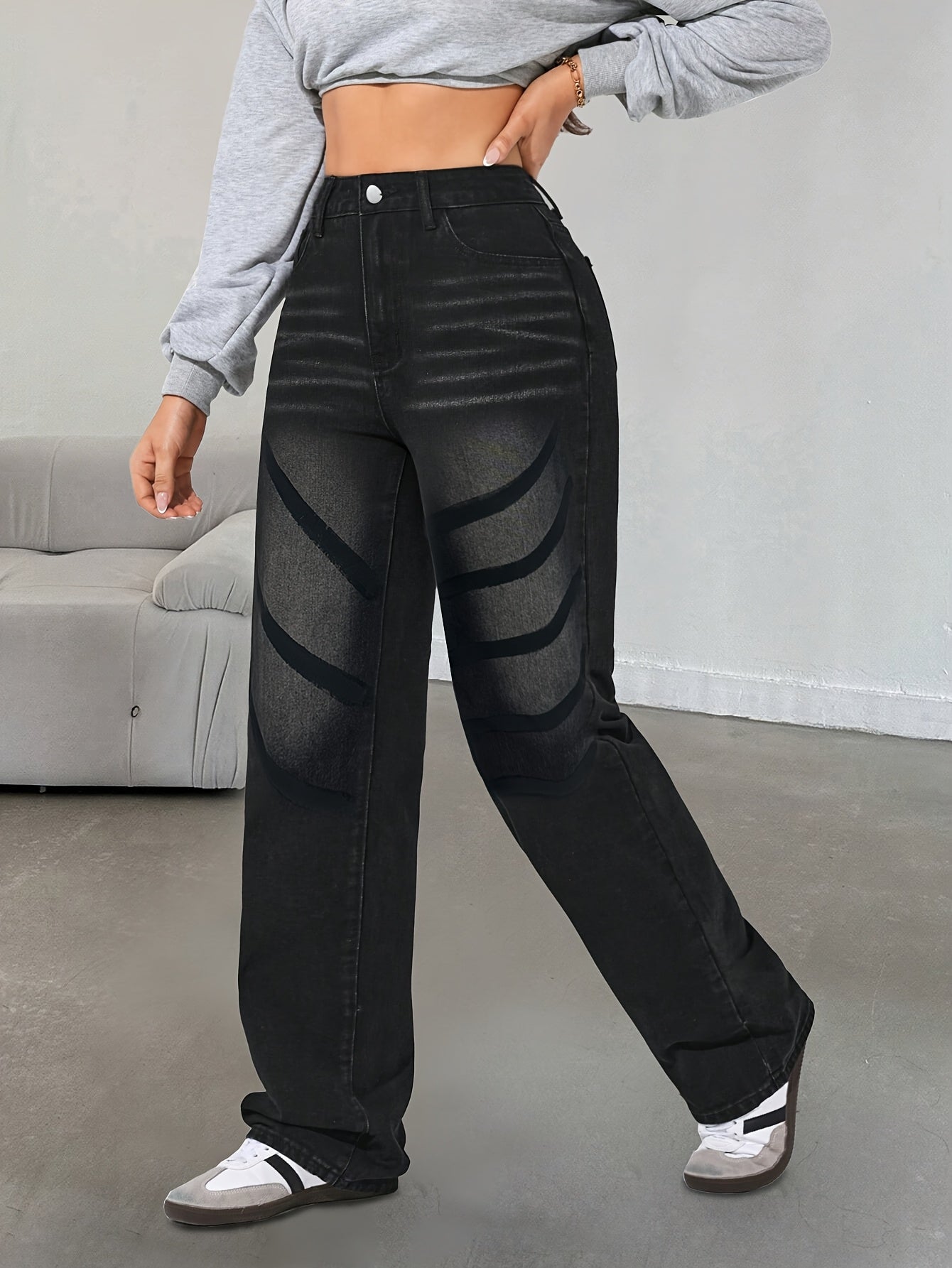 Women's Straight Leg Loose Jeans with Striped Detail - Mid-Rise, Black Denim, Casual Streetwear for Parties, Hip-Hop Style, Machine Washable
