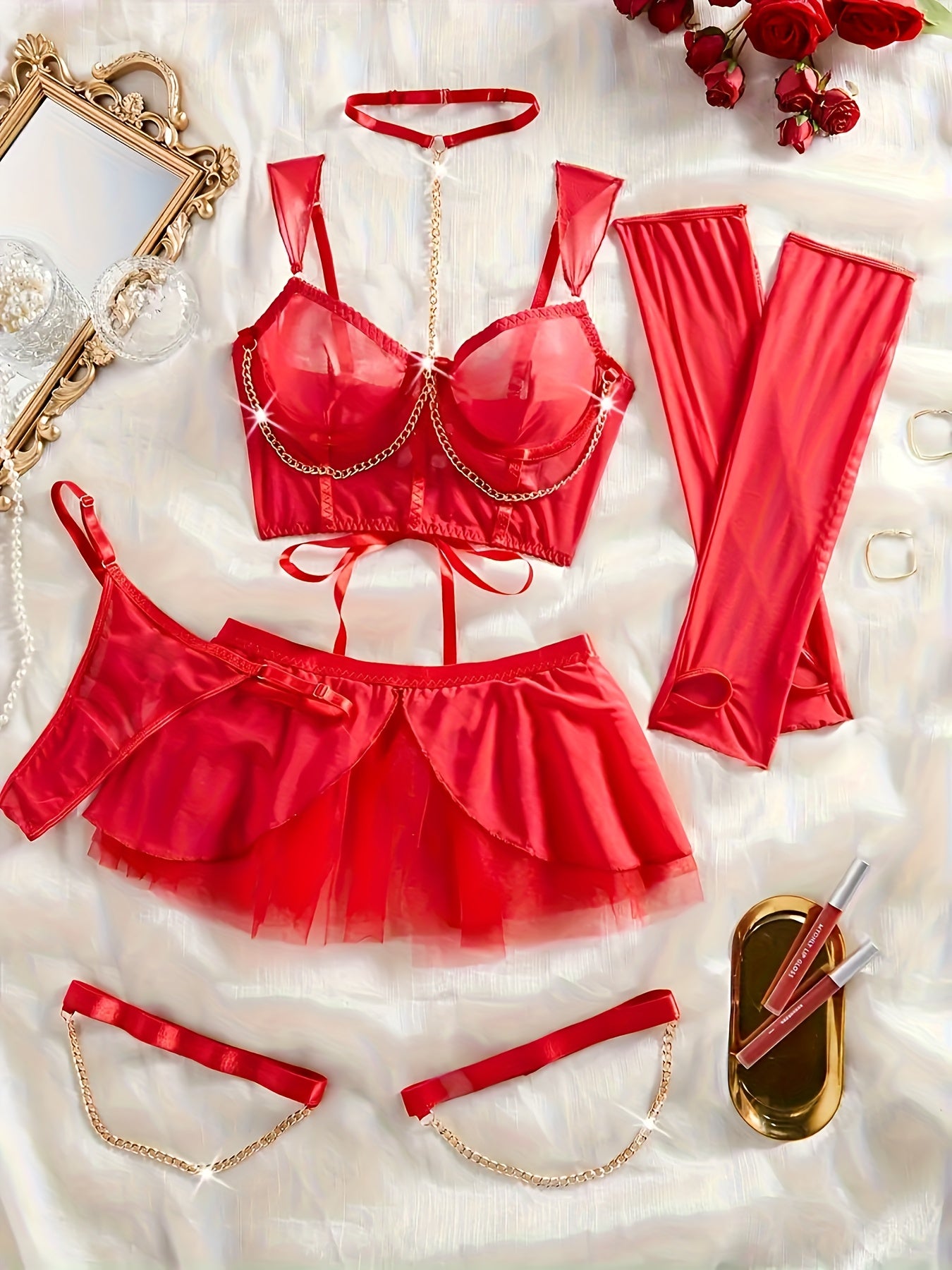 Hot Fashion Design Lingerie Set, Chain Tie Neck Tight Corset&skirt&sleeves&thong And Leg Rings, Women's Sexy Lingerie And Underwear