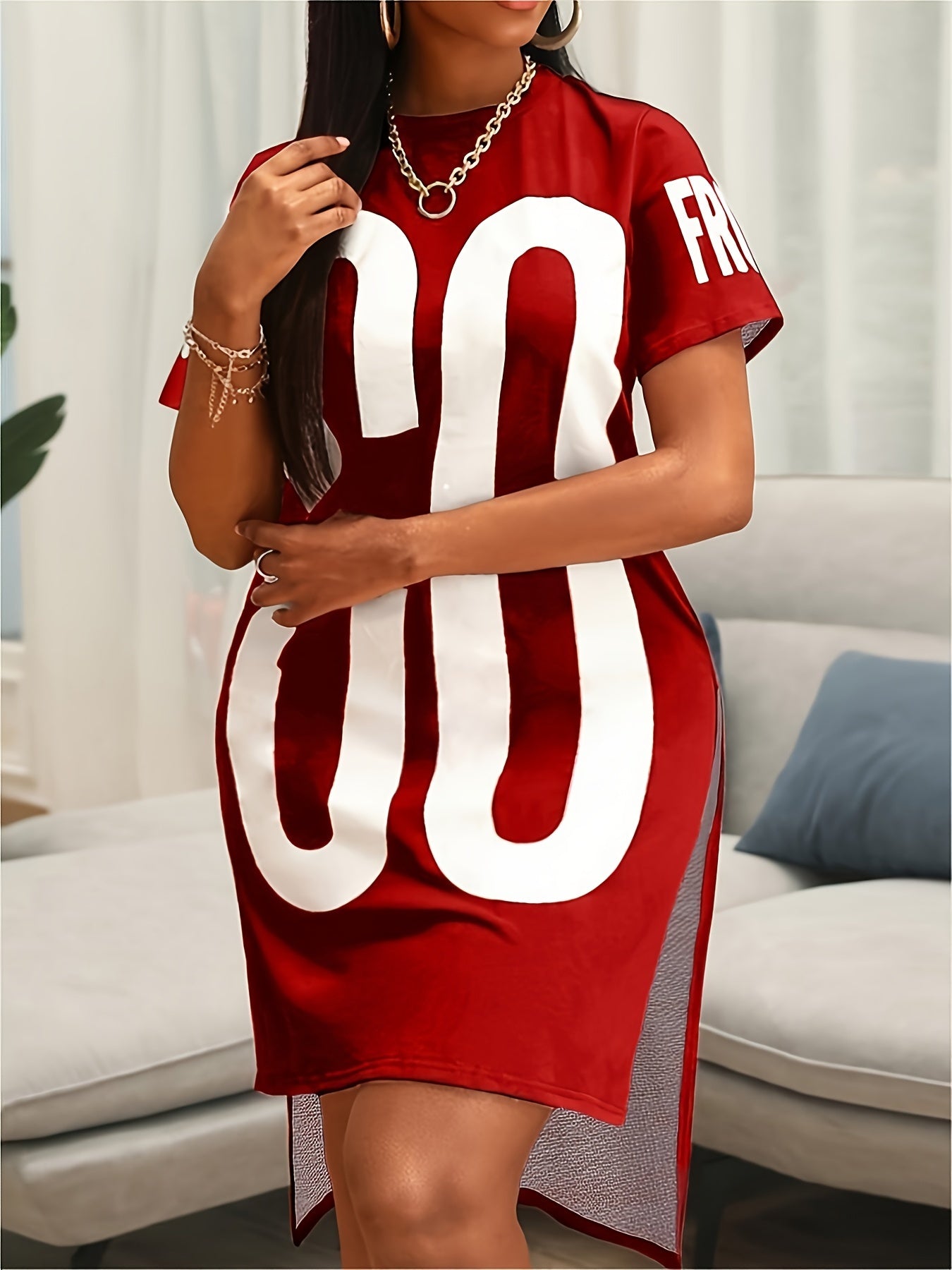 Stylish Plus Size Number Print Slit Dress - Women's Plus Size Clothing for Spring & Summer - Casual Short Sleeve, Comfortable, Relaxed Fit, V-Neck, Flattering A-Line Silhouette