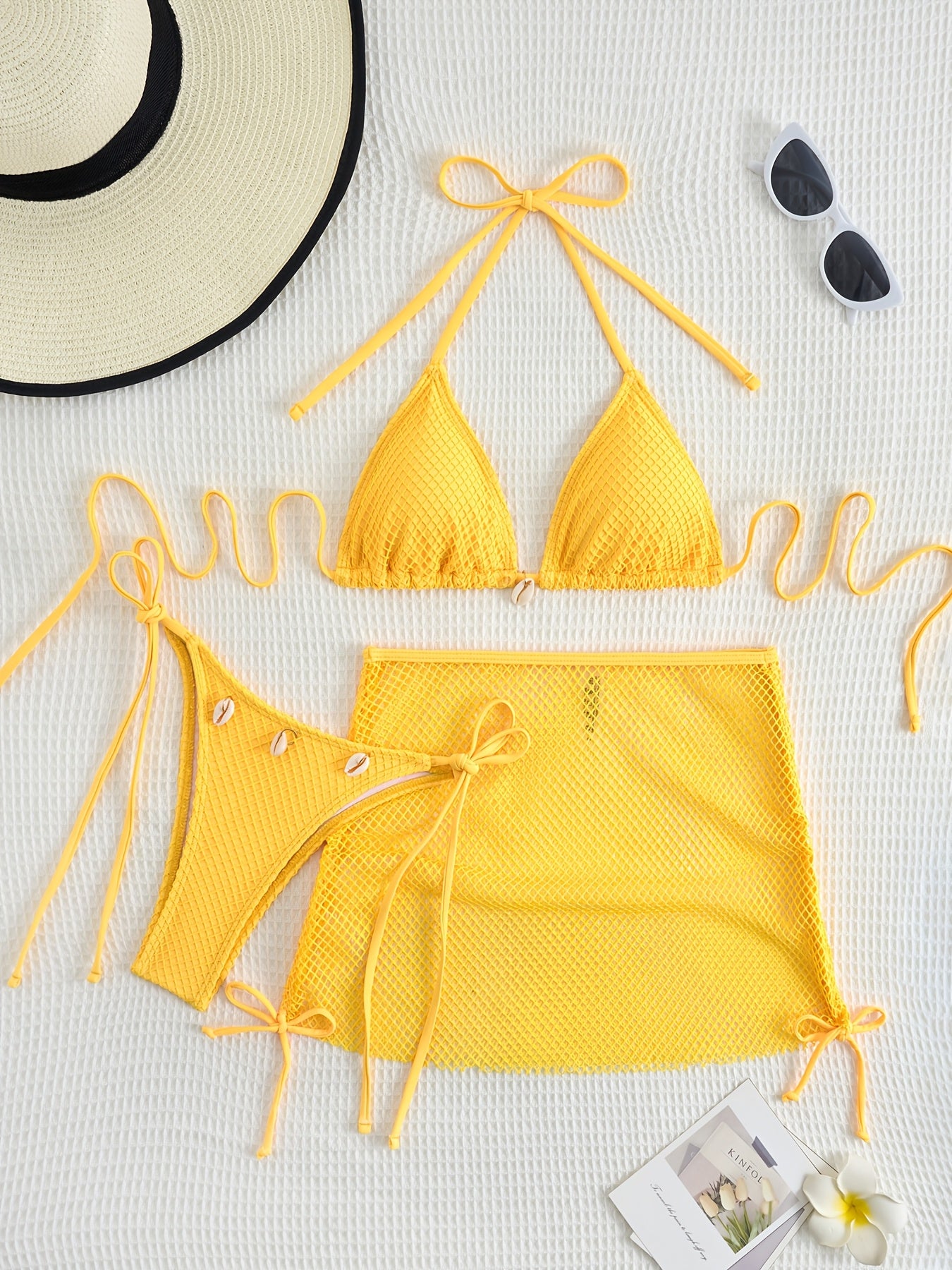 Solid Color 3pcs Bikini Set, Halter Neck with Mesh Tie Back and High Cut Sides, Cover-Up Wrap Swimsuit, Women's Swimwear and Clothing Triangle Top