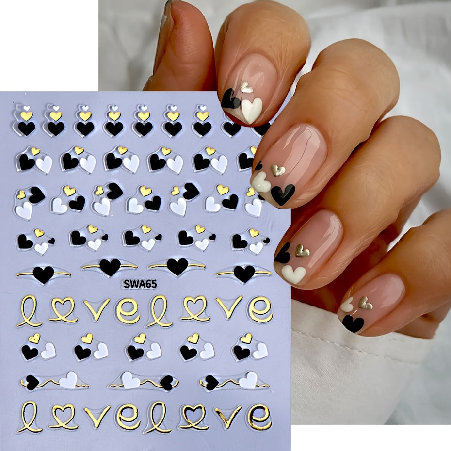 8pcs Rectangle Self-adhesive Glossy Plastic Nail Stickers, Pink Black White, Heart Pattern, Valentine Design, Golden Geometry Wave Lines Stripe Stars, Fantasy Theme, with Glitter, for Manicure Decoration