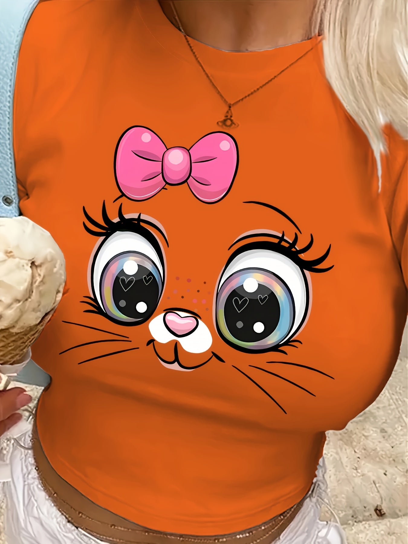 Cartoon Rabbit Graphic Print Cropped Top T-Shirt - Y2K Round Neck Fitted Cropped T-Shirt Made of a Polyester And Spandex Blend (95% Polyester, 5% Spandex) for Spring And Summer.