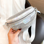 Glittering Rhinestone Fanny Pack with Chain Detail - Stylish Women’s Crossbody Waist Bag, White, Adjustable Strap, Zipper Closure, Perfect for Casual or Festive Occasions, Versatile Crossbody | Rhinestone Embellished | Adju