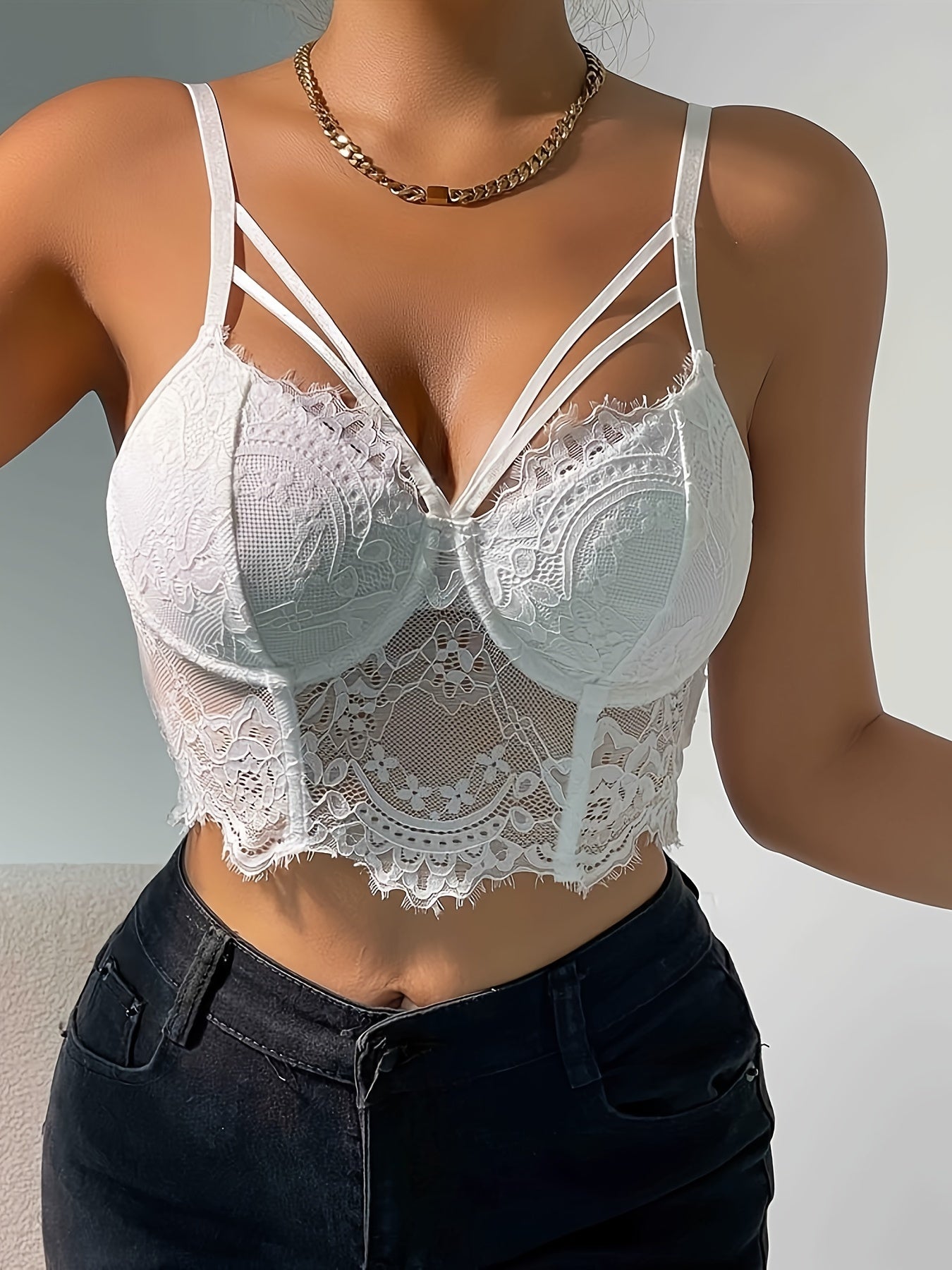 New Sexy Low-Cut Fishbone Eyelash Lace Perspective Backless Sling Corset Top