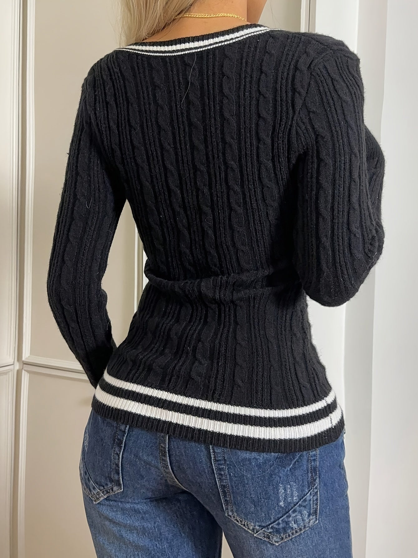 Women's Slim-Fit Cable Knit Sweater with Striped Trim & Deep V-Neck - Long Sleeve Casual Top for Spring/Autumn, Elegant Contrast Design, Hand Wash/Dry Clean, Ladies Sweaters