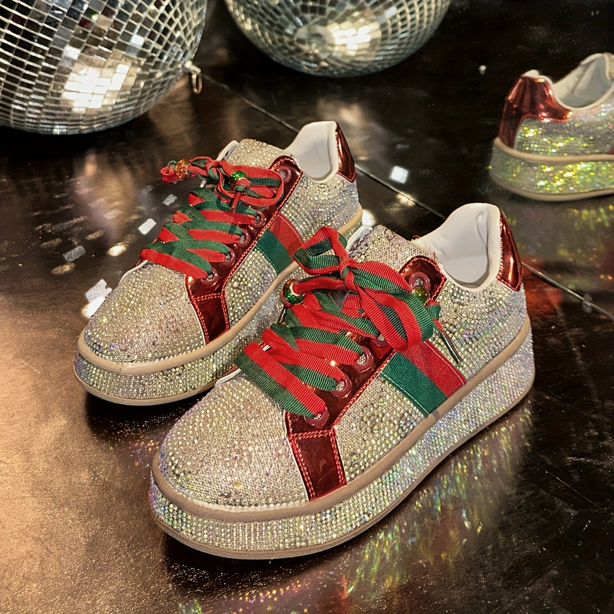 Women'S Fashion Sneakers - Sparkling Glitter Design, Comfortable Low Top Lace-Up Shoes with Red and Green Laces, All-Season Casual Streetwear, Casual Streetwear Sneakers | Glittery Sneakers | Synthetic Sneakers