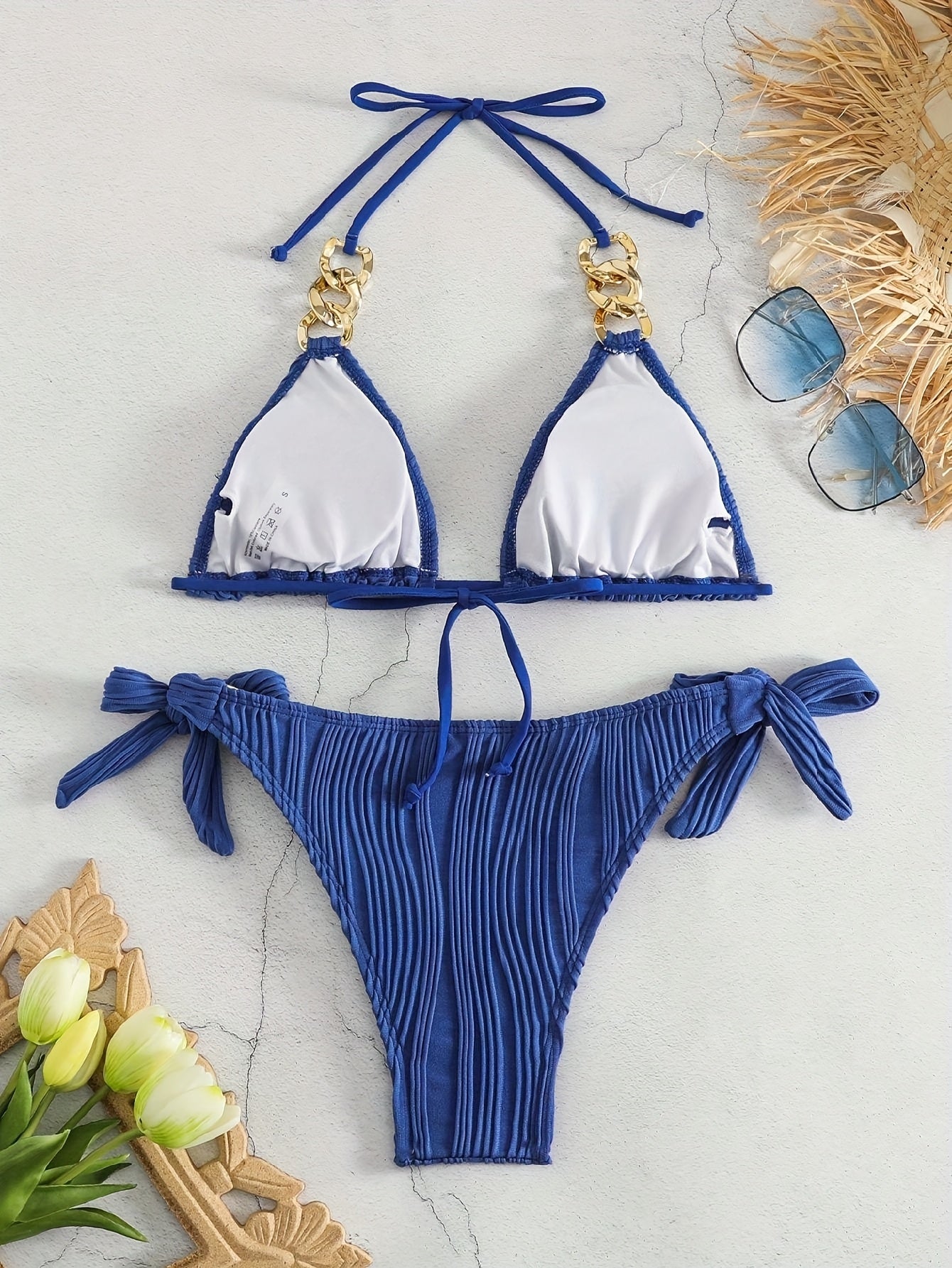 1 Set Sexy Halter Neck Bikini Set for Women, Solid Color Knit Fabric with Lace-Up Detail, Polyester 82% Elastane 18%, Sleeveless Swimwear with Golden Chain Accents, Medium Stretch Conventional Bottom